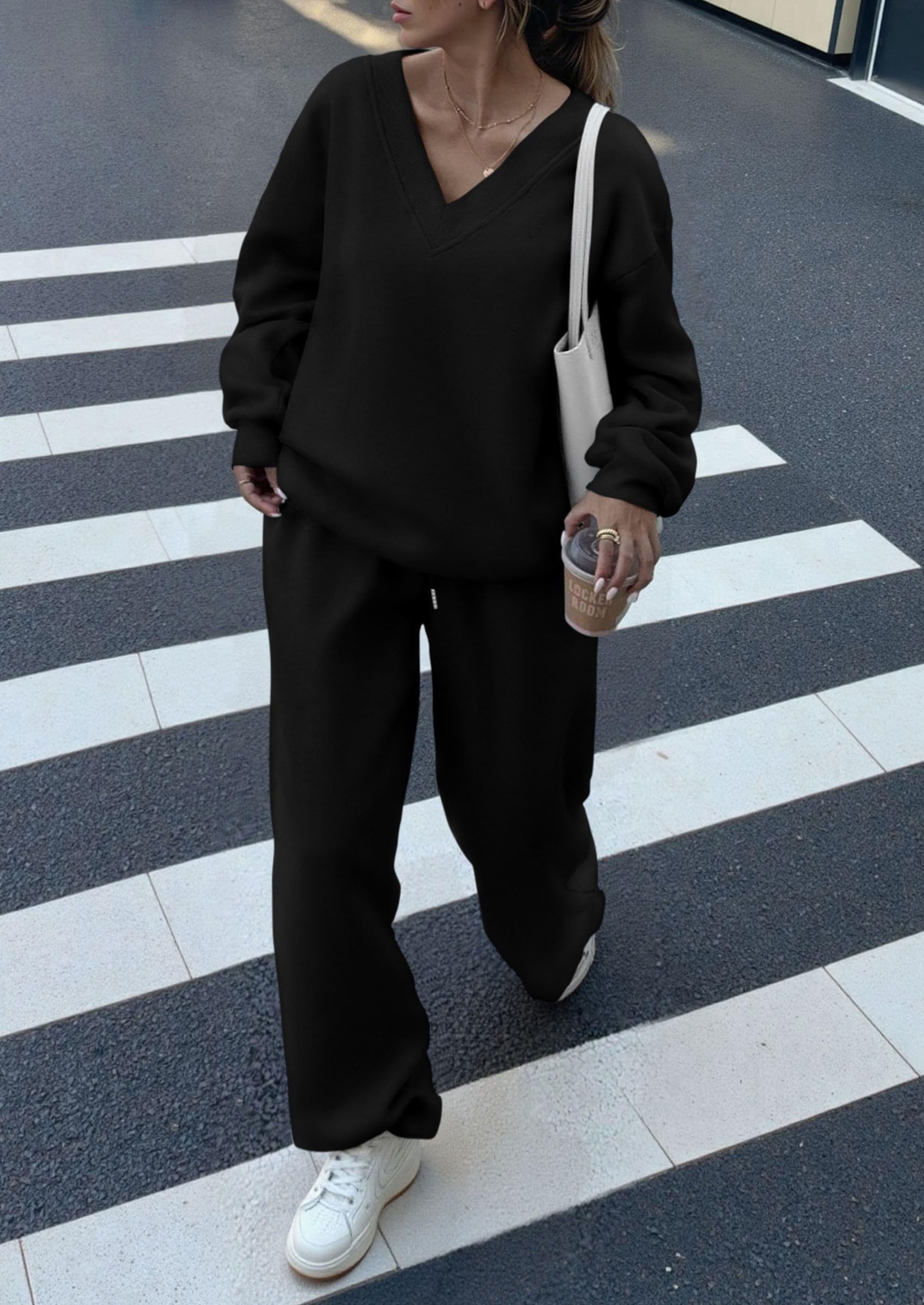 Chichi Casual Winter Two Piece Sets for Women V Neck Sweatshirt Loose Wide Leg Pants Tracksuit Knit Fall Outfits Black