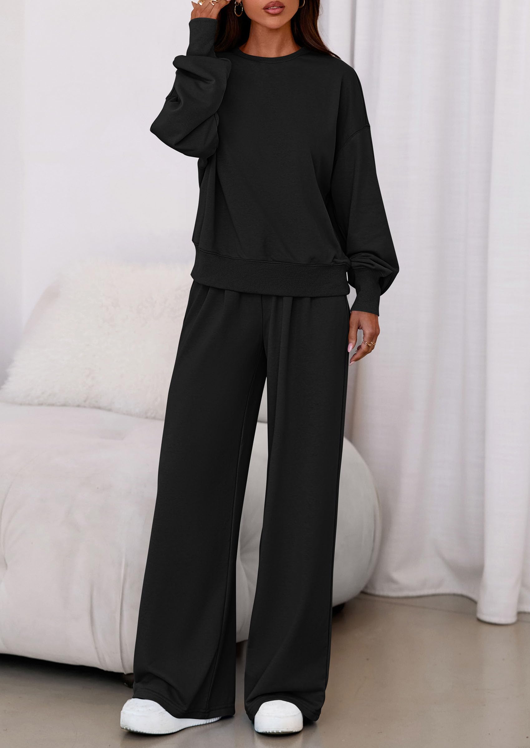 Chichi Womens 2 Piece Sets Long Sleeve Sweatshirt Wide Leg Pants Loose Matching Lounge Set Trendy Fall Outfits Black