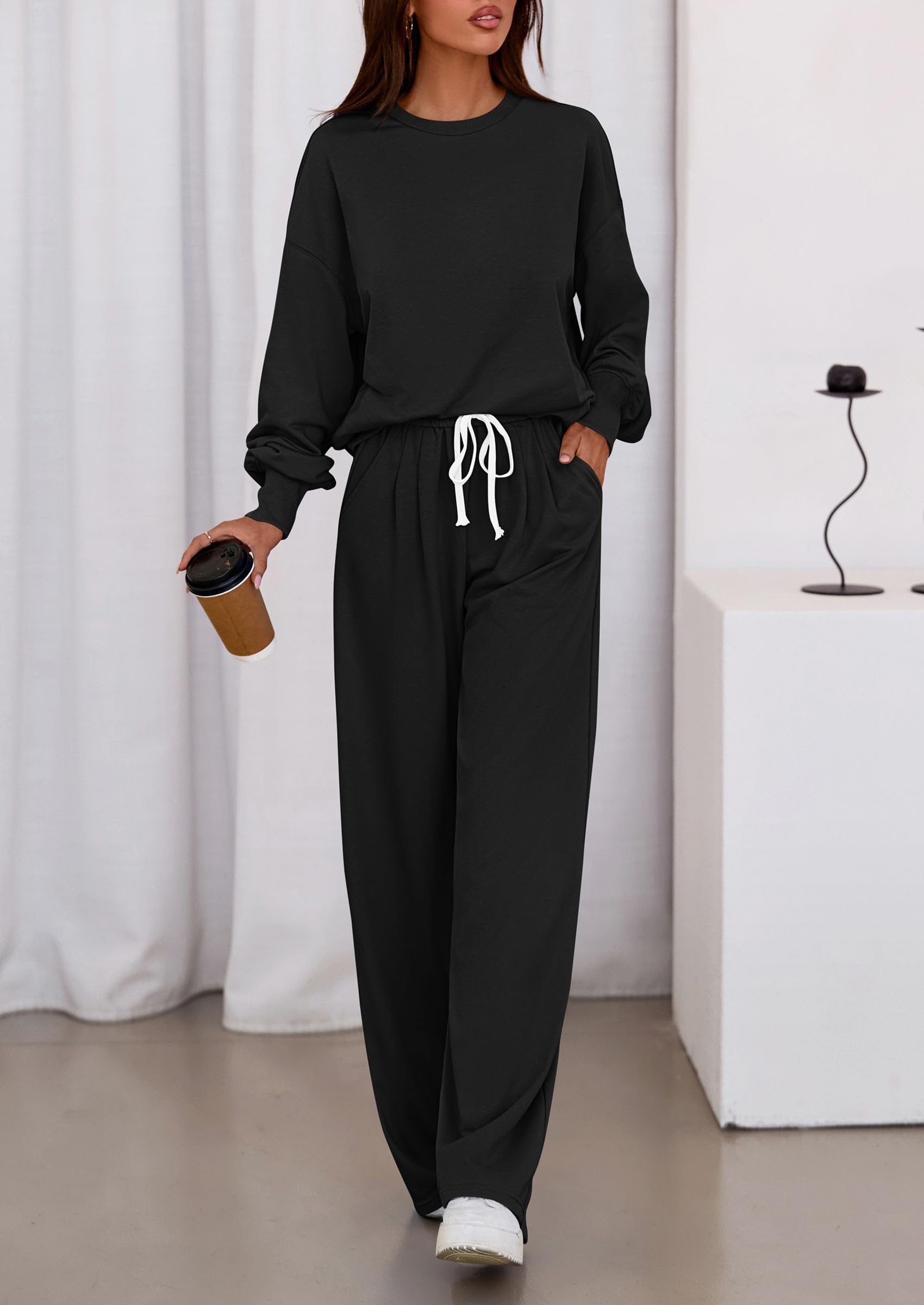 Chichi Womens 2 Piece Sets Long Sleeve Sweatshirt Wide Leg Pants Loose Matching Lounge Set Trendy Fall Outfits Black