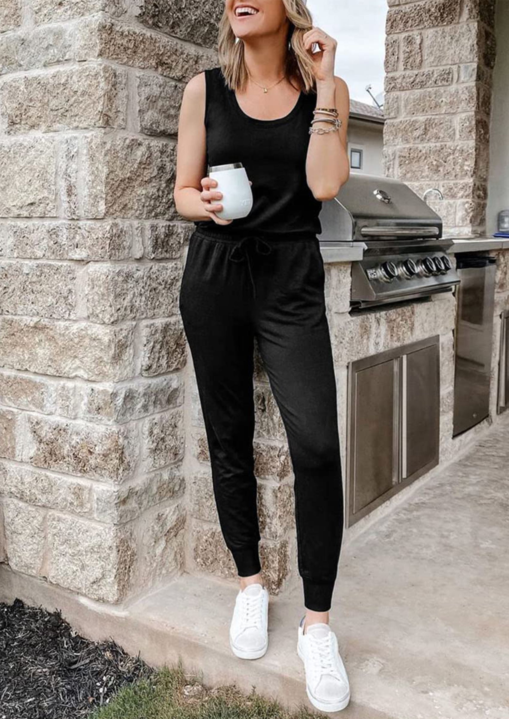 Chichi Two Piece Outfit Sets Casual Sleeveless Crewneck Tops and Sweatpants Black