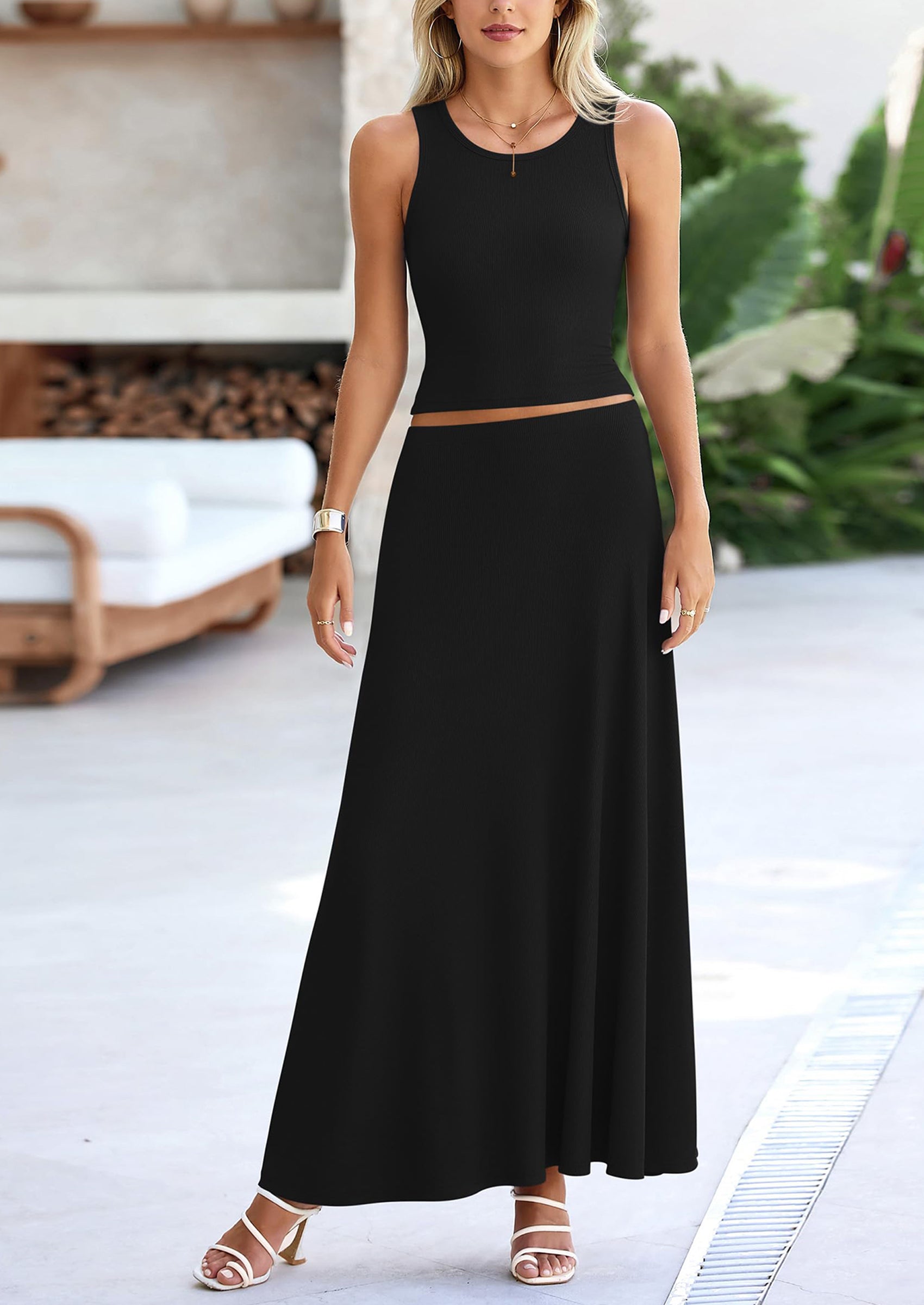 Chichi 2 Piece Maxi Skirt Sets Casual Knit Cropped Tank Top High Waisted Long Skirts Outfit