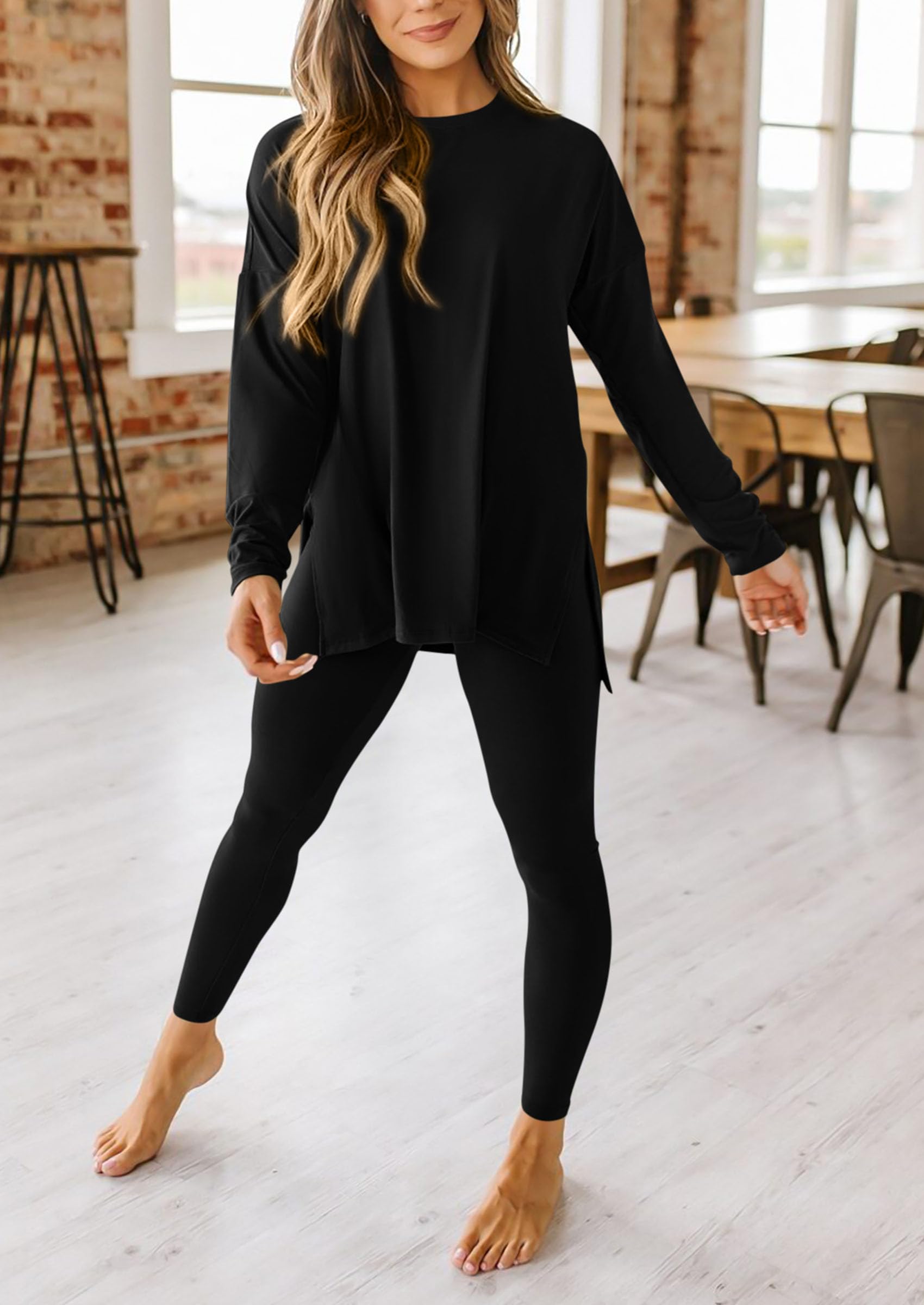 Chichi 2 Piece Outfits Casual Long Sleeve Tunic Tops Legging Pants Lounge Sets Sweatsuits Black