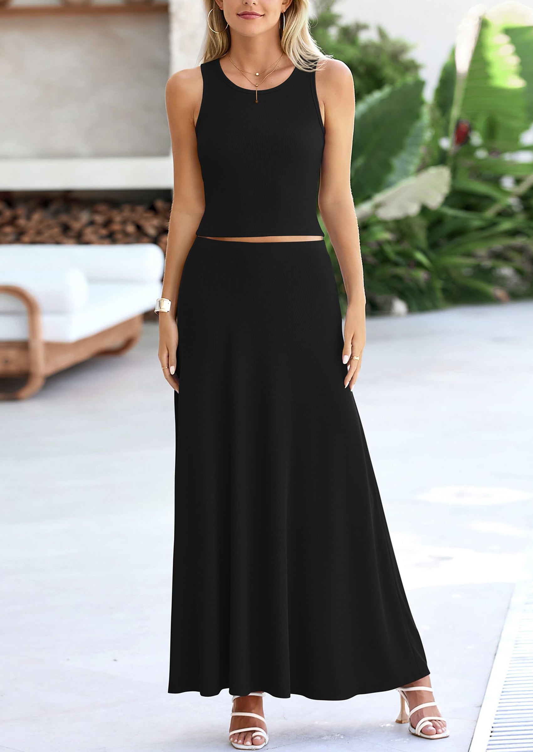 Chichi 2 Piece Maxi Skirt Sets Casual Knit Cropped Tank Top High Waisted Long Skirts Outfit