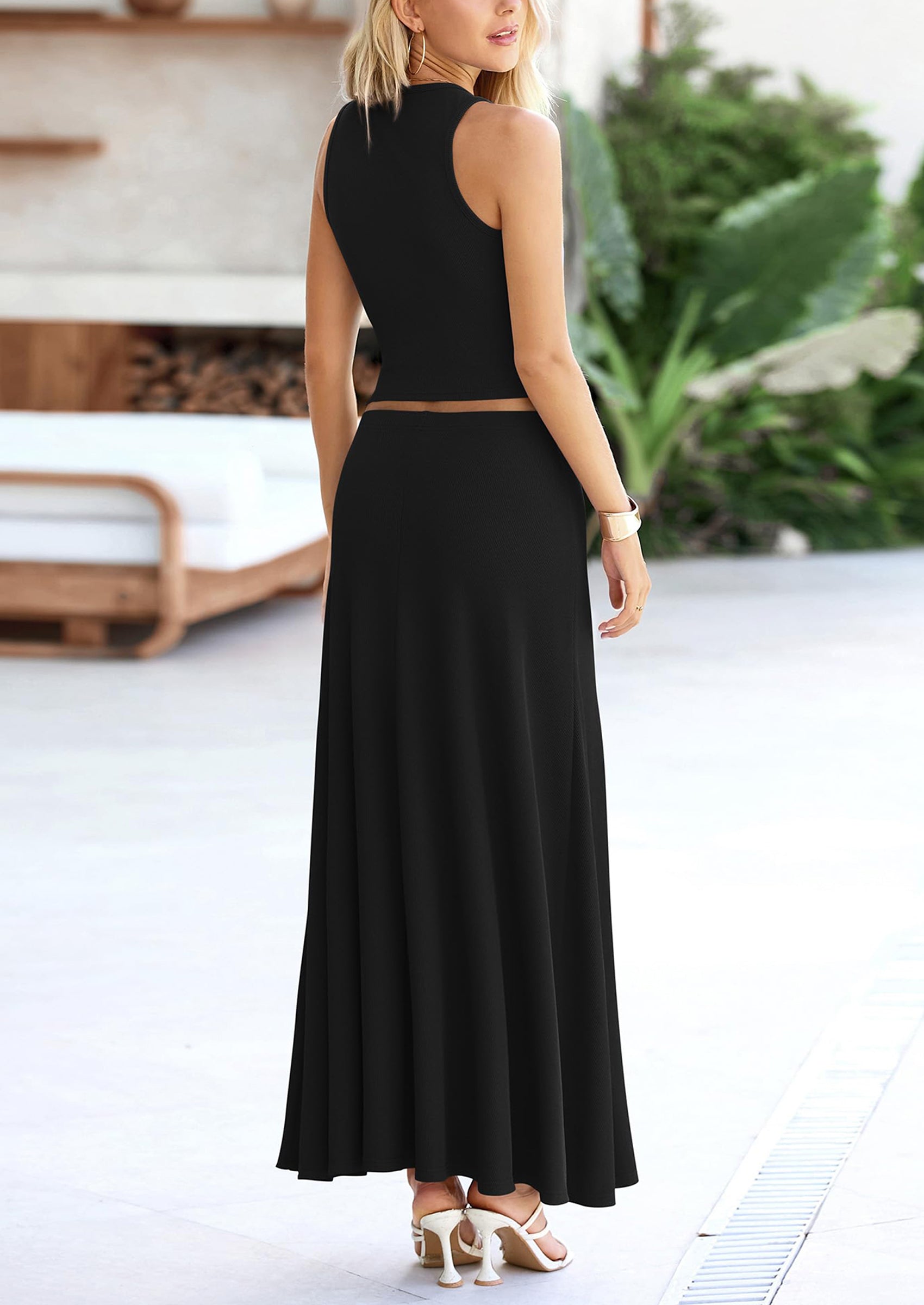 Chichi 2 Piece Maxi Skirt Sets Casual Knit Cropped Tank Top High Waisted Long Skirts Outfit