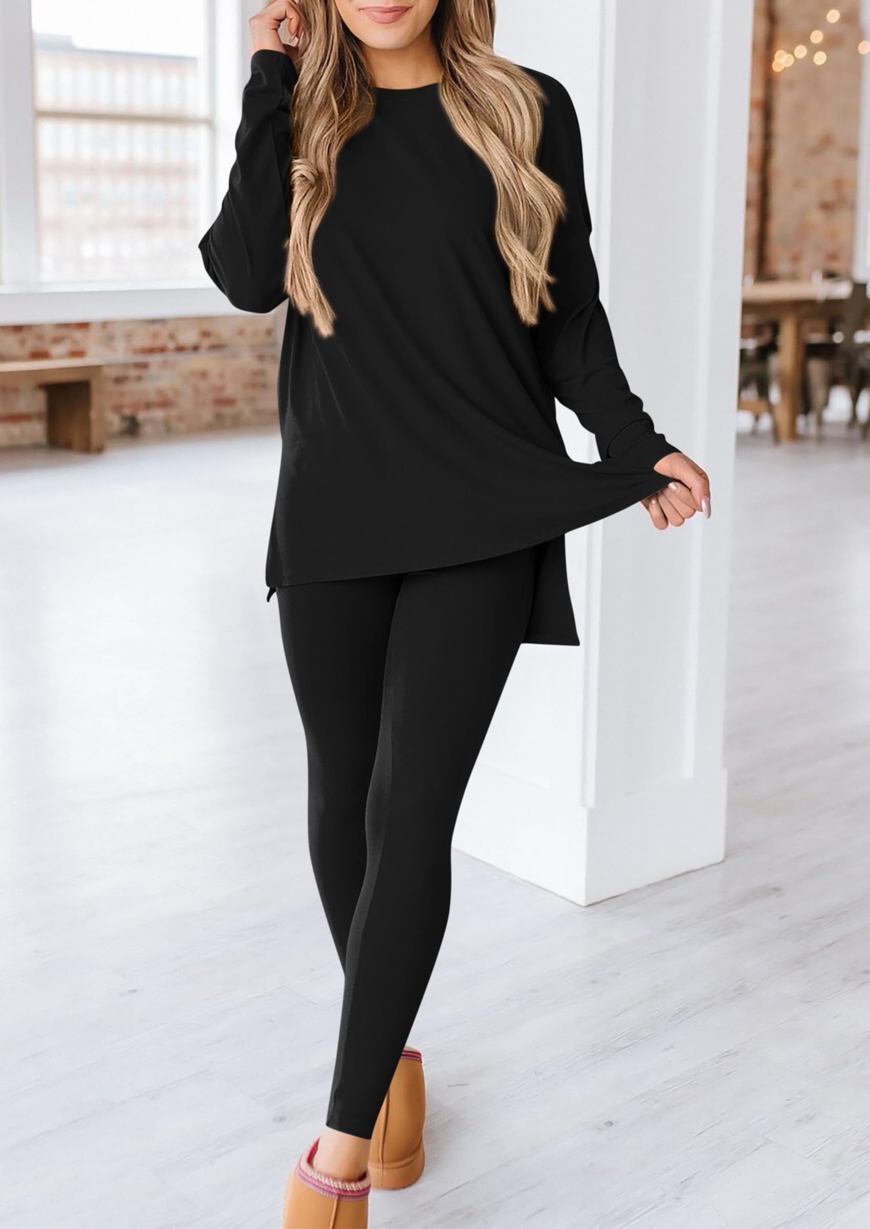 Chichi 2 Piece Outfits Casual Long Sleeve Tunic Tops Legging Pants Lounge Sets Sweatsuits Black