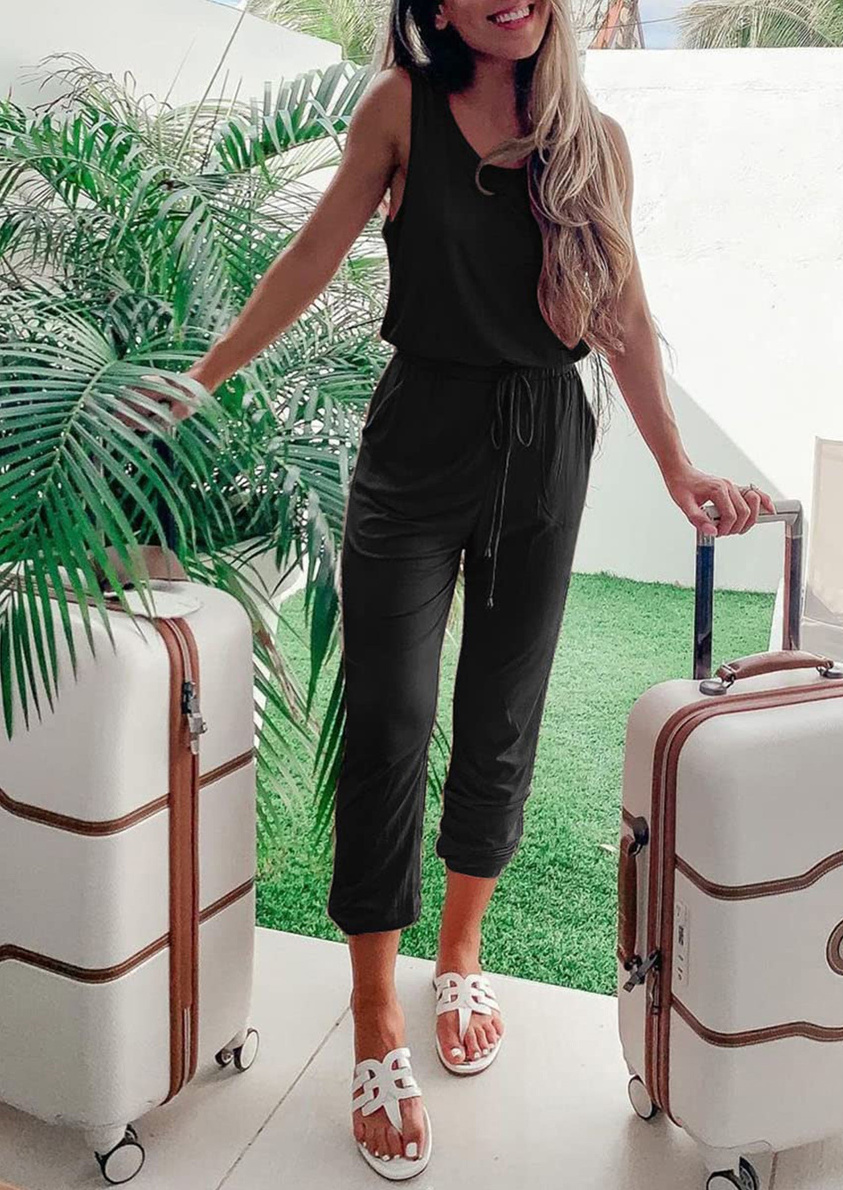 Chichi Two Piece Outfit Sets Casual Sleeveless Crewneck Tops and Sweatpants Black