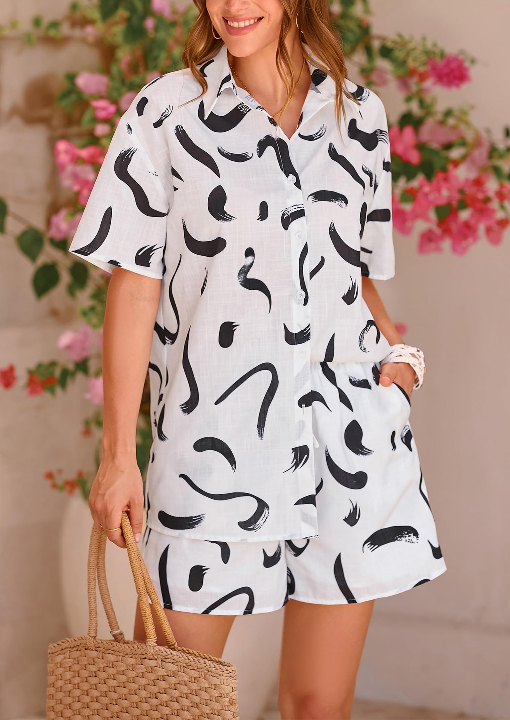Chichi Women Summer 2 Piece Sets Printed Short Sleeve Tops Lounge Shorts Beach Vacation Outfits Black Brush