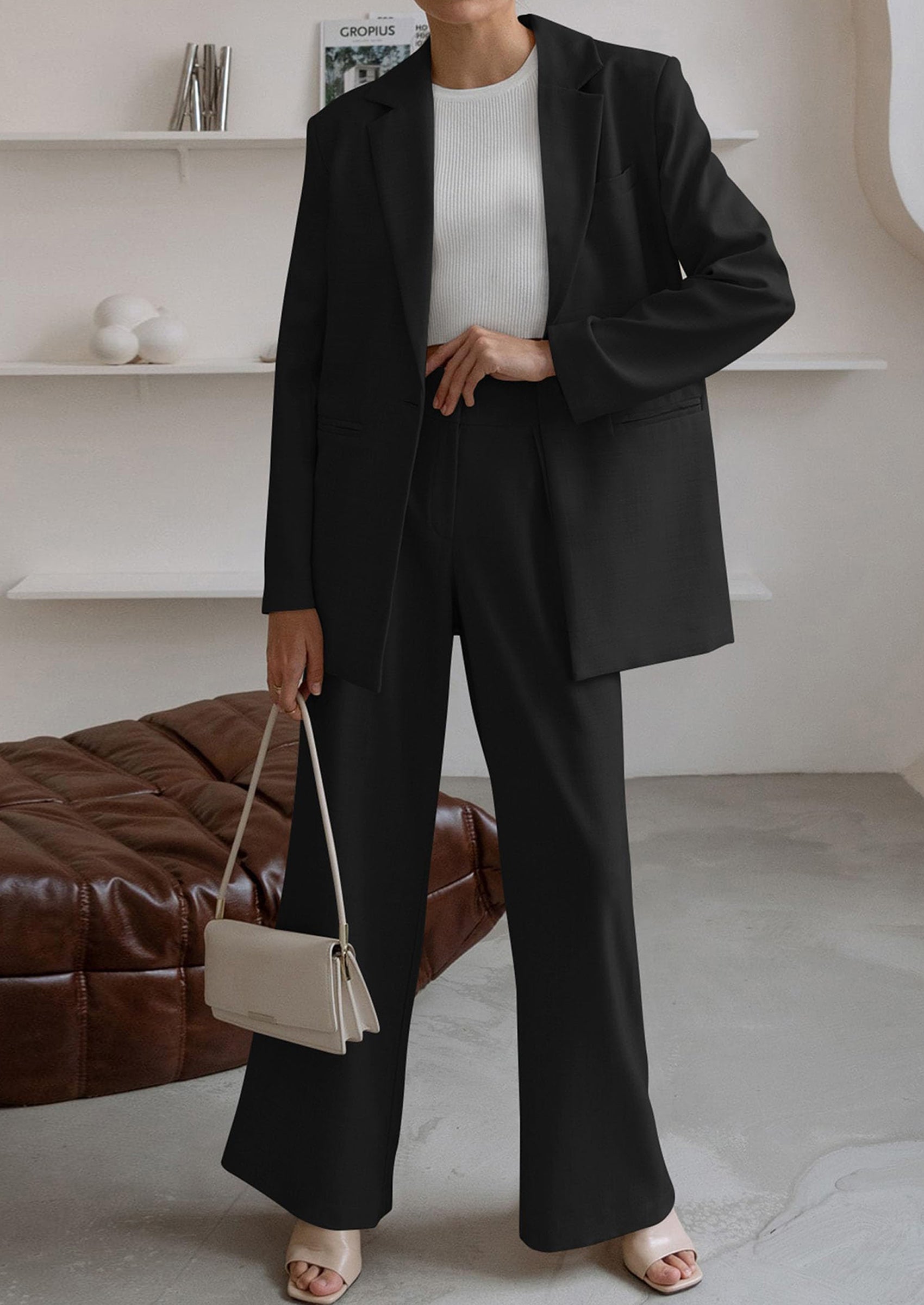 Chichi Women's Fall Two Piece Outfits Dressy Blazer Jacket and Wide Leg Pants Pockets Business Casual Office Suit Sets Black