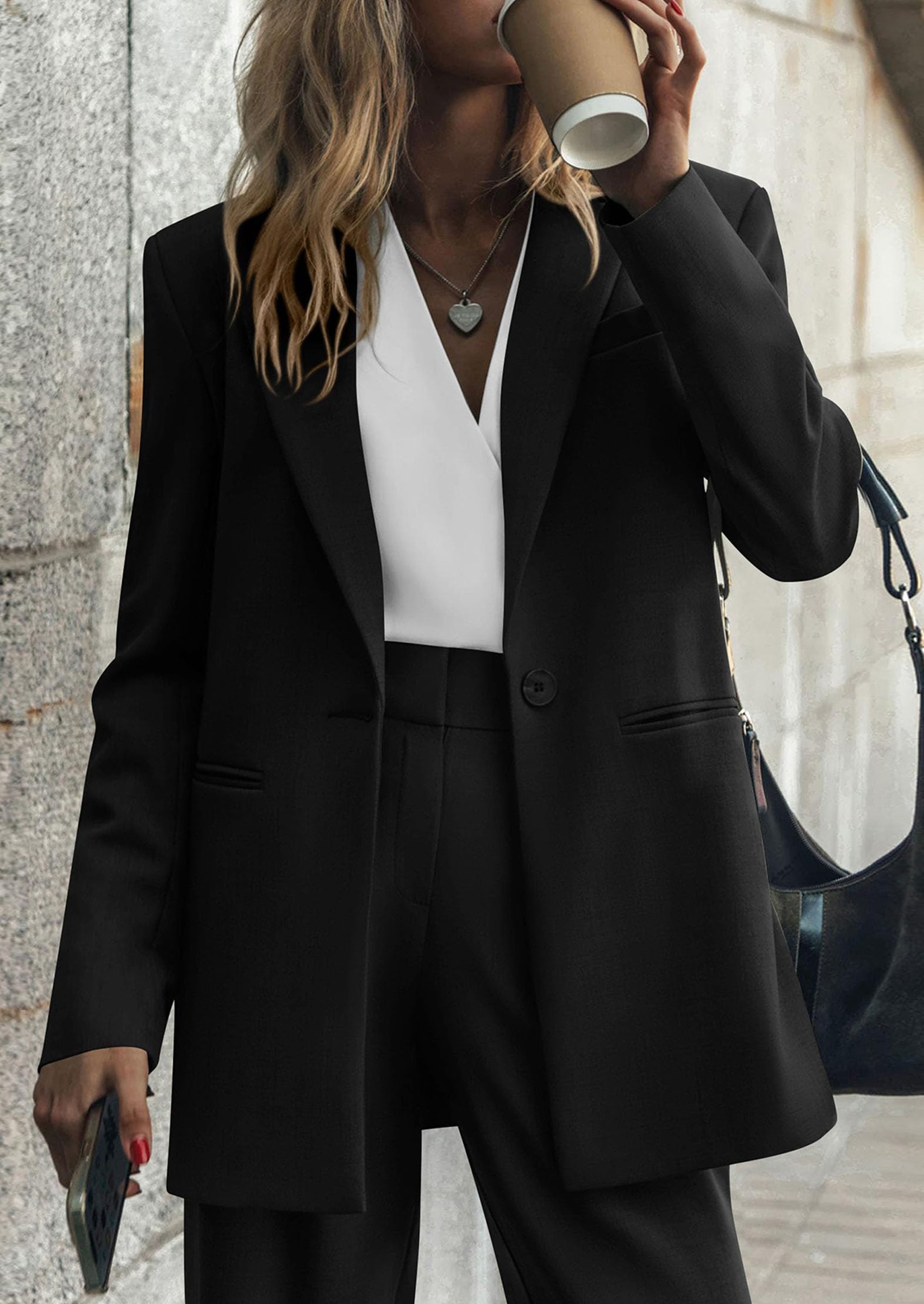 Chichi Women's Fall Two Piece Outfits Dressy Blazer Jacket and Wide Leg Pants Pockets Business Casual Office Suit Sets Black