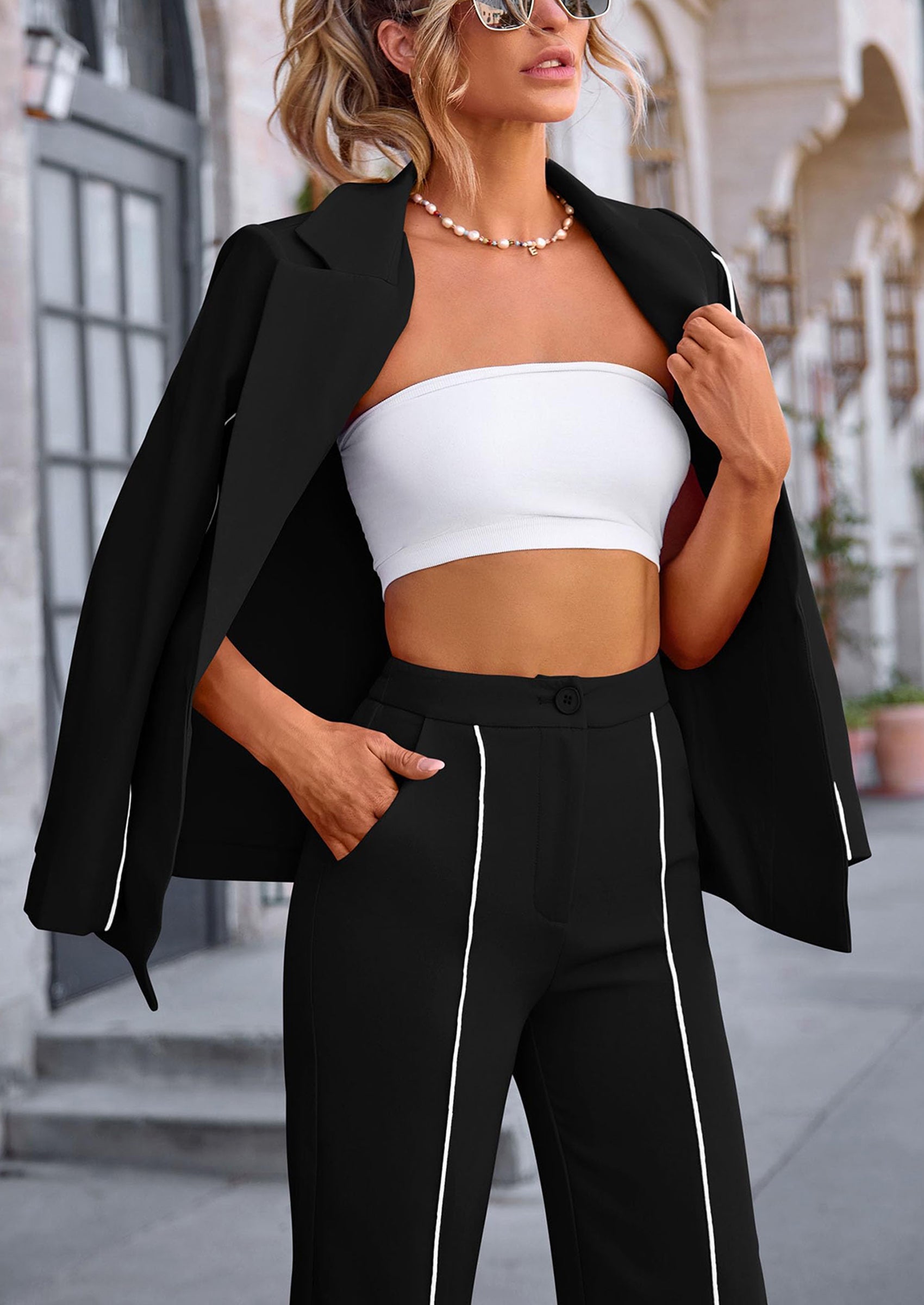 Chichi 2 Piece Blazer Outfits Business Casual Oversized Jacket Wide Leg Work Pants Dressy Suit Set Black
