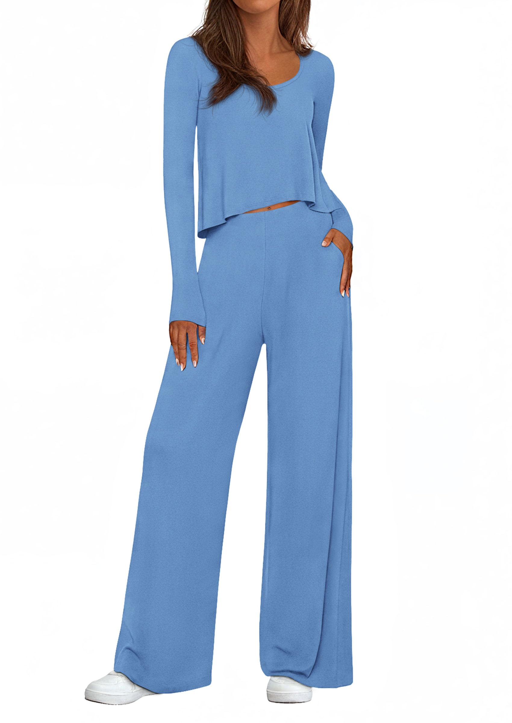 Chichi Women's 2 Piece Fall Sets Casual Long Sleeve Shirts Wide Leg Pants Lounge Travel Outfits Fashion Clothing Blue