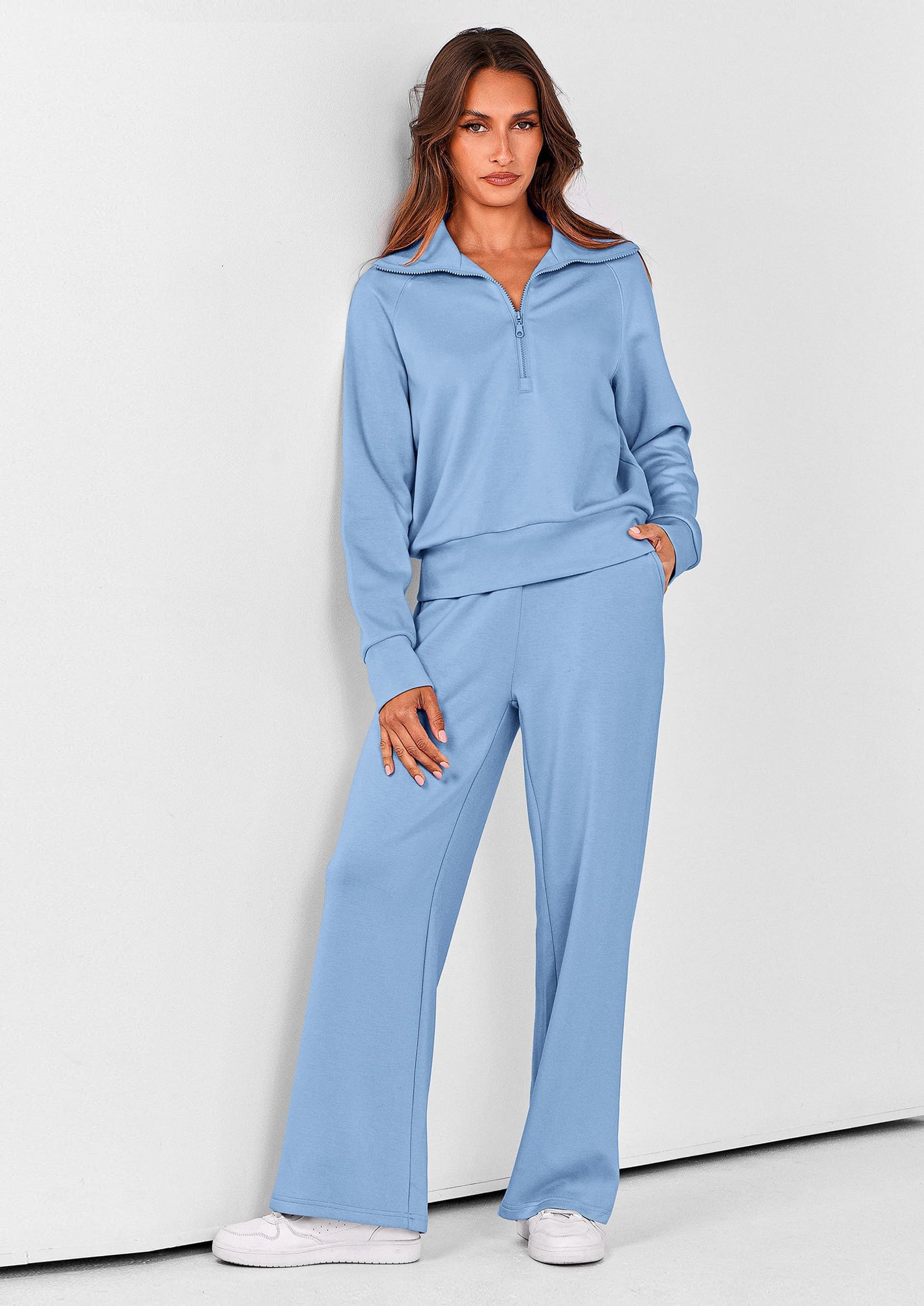 Chichi Women's 2 Piece Outfits Casual Lapel Half Zip Sweatshirts And Wide Leg Pants Tracksuit Sets Wine Red