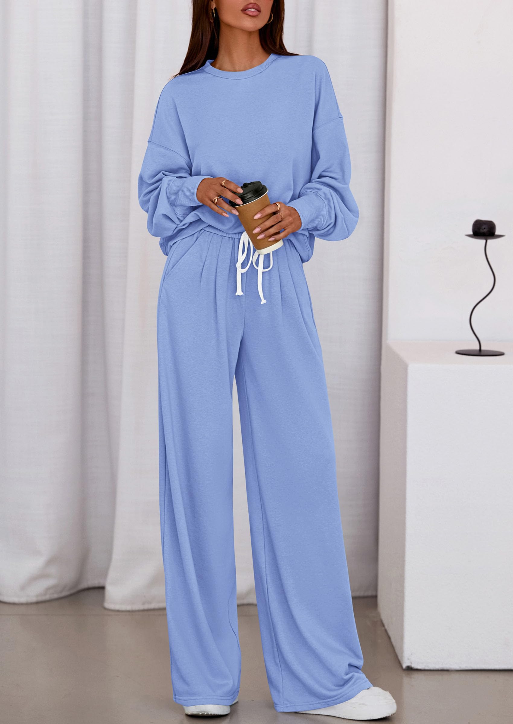 Chichi Womens 2 Piece Sets Long Sleeve Sweatshirt Wide Leg Pants Loose Matching Lounge Set Trendy Fall Outfits Blue