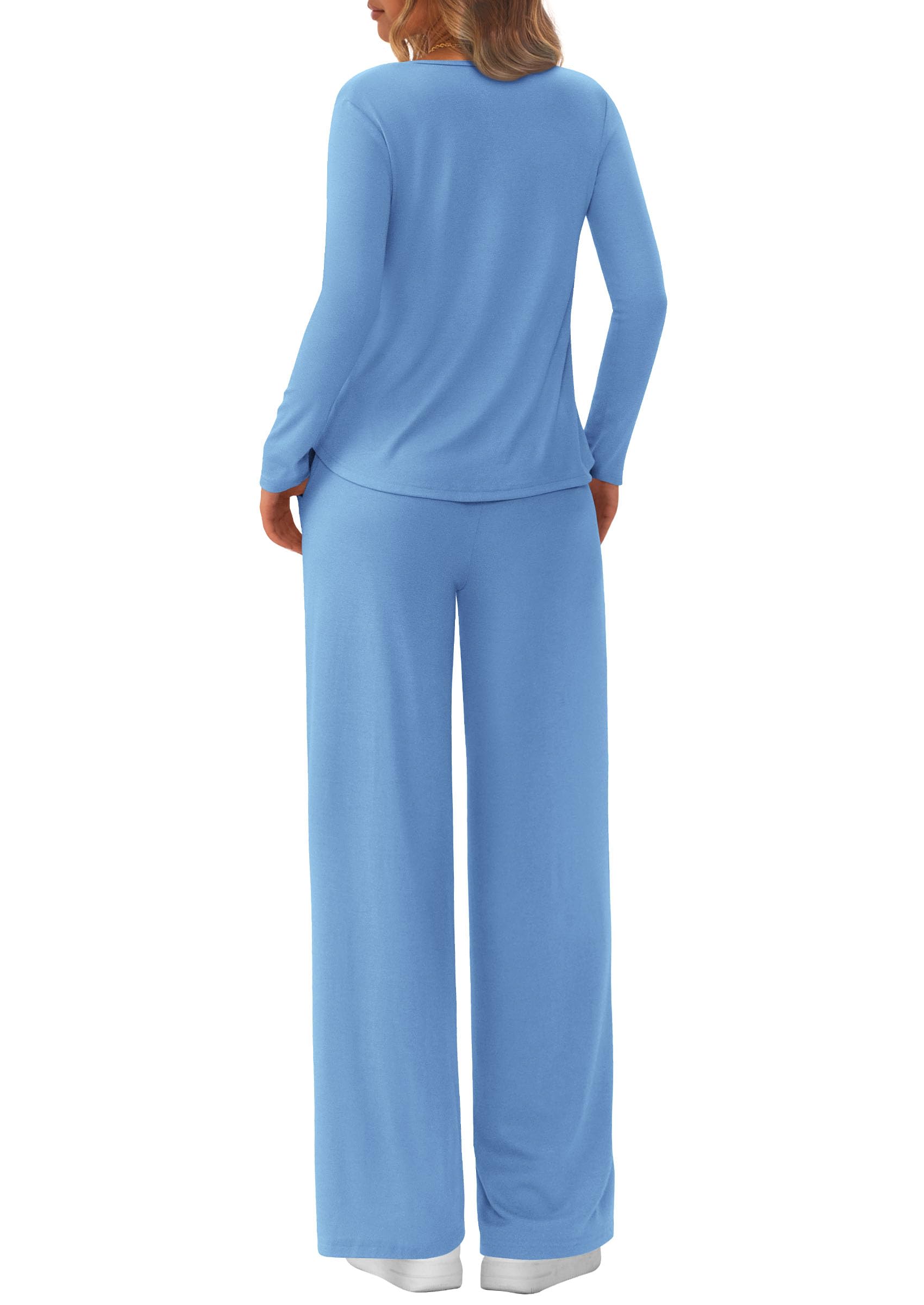 Chichi Women's 2 Piece Fall Sets Casual Long Sleeve Shirts Wide Leg Pants Lounge Travel Outfits Fashion Clothing Blue