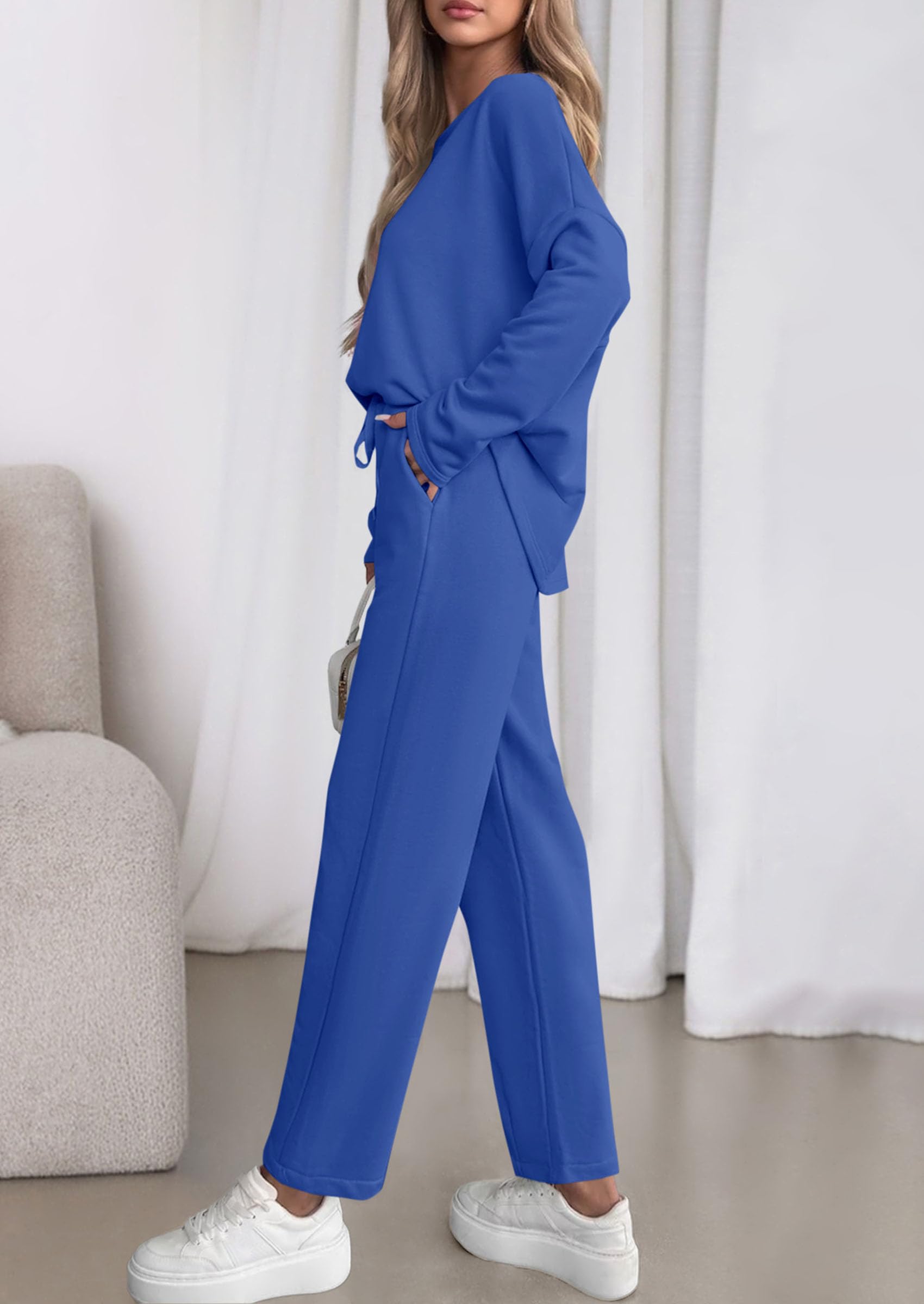 Chichi Womens 2 Piece Matching Lounge Sets Fall Long Sleeve Boatneck Sweatsuit Drawstring Sweatpants Pockets Blue