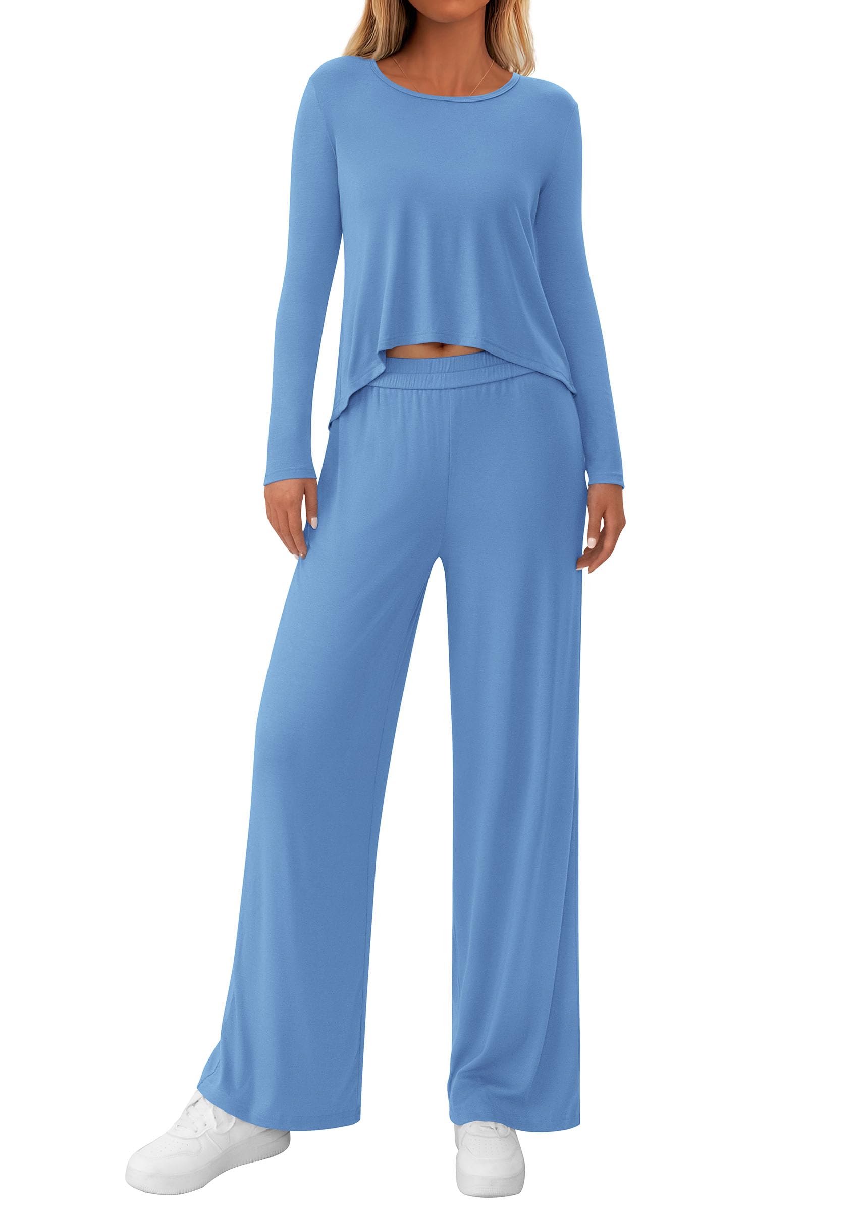 Chichi Women's 2 Piece Fall Sets Casual Long Sleeve Shirts Wide Leg Pants Lounge Travel Outfits Fashion Clothing Blue
