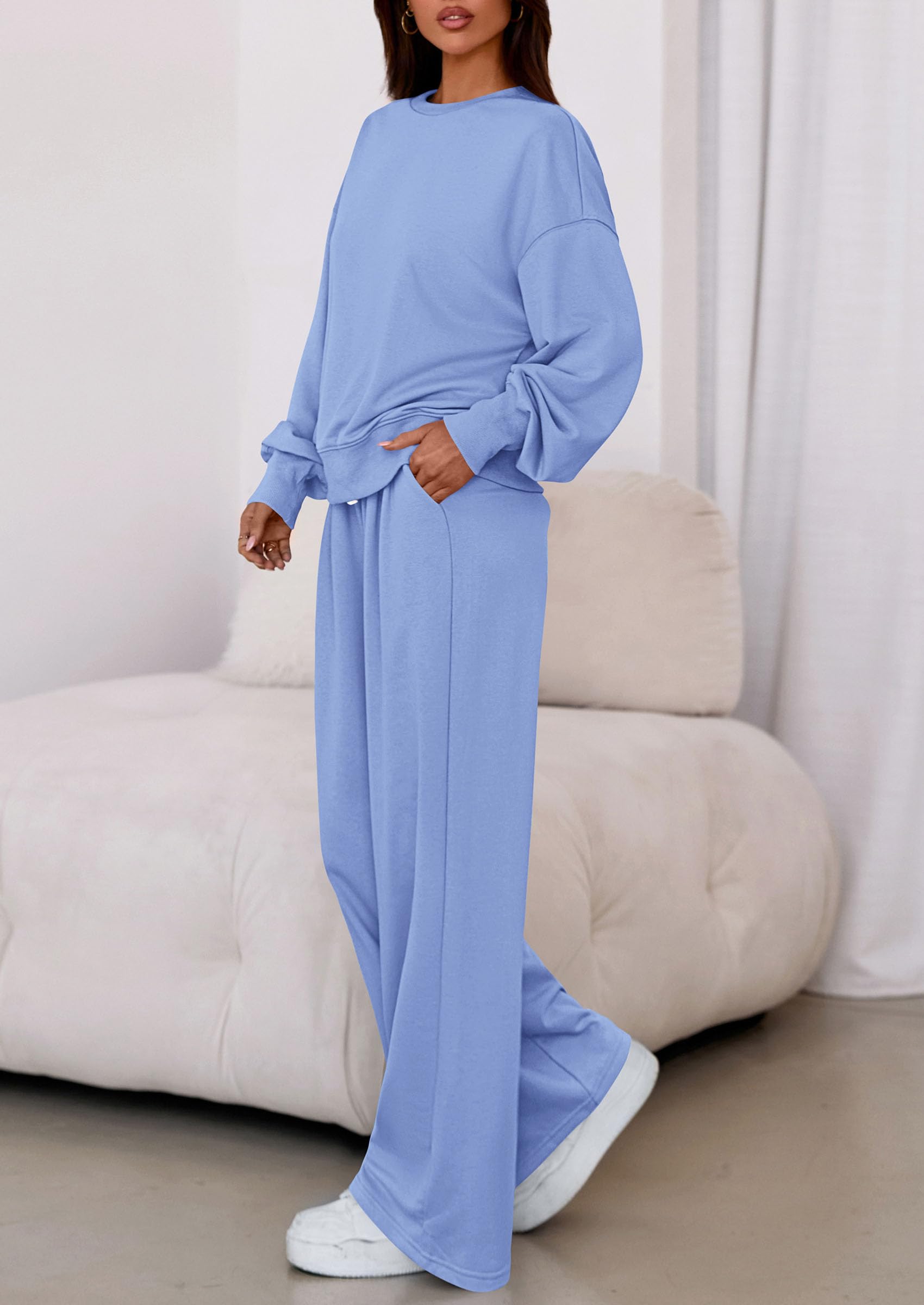 Chichi Womens 2 Piece Sets Long Sleeve Sweatshirt Wide Leg Pants Loose Matching Lounge Set Trendy Fall Outfits Blue