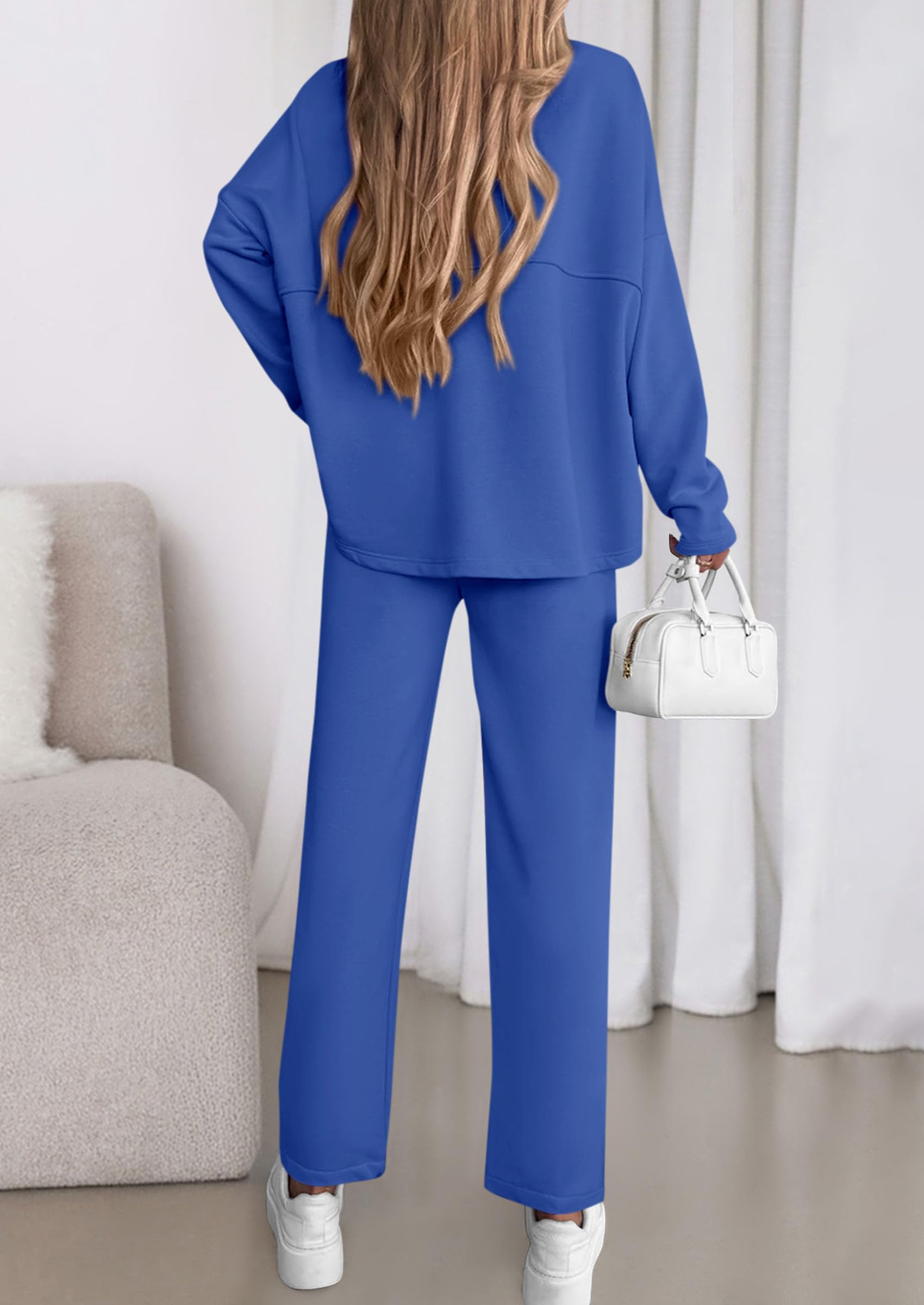 Chichi Womens 2 Piece Matching Lounge Sets Fall Long Sleeve Boatneck Sweatsuit Drawstring Sweatpants Pockets Blue