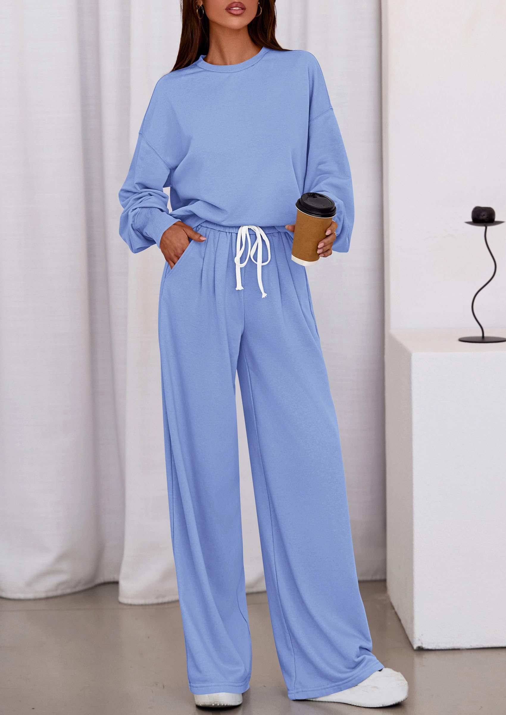 Chichi Womens 2 Piece Sets Long Sleeve Sweatshirt Wide Leg Pants Loose Matching Lounge Set Trendy Fall Outfits Blue