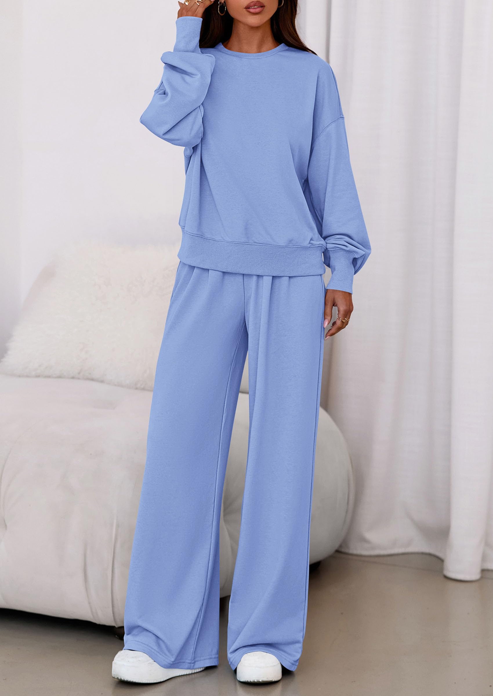 Chichi Womens 2 Piece Sets Long Sleeve Sweatshirt Wide Leg Pants Loose Matching Lounge Set Trendy Fall Outfits Blue