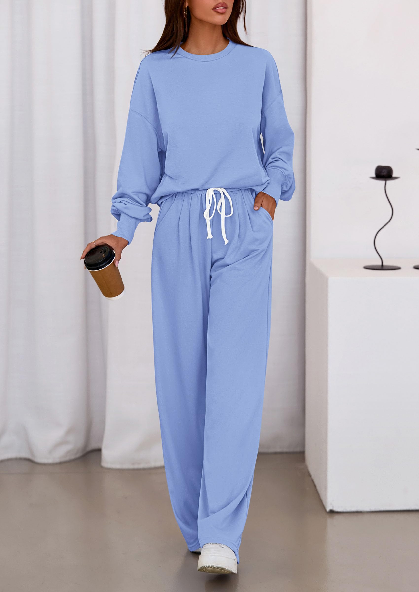 Chichi Womens 2 Piece Sets Long Sleeve Sweatshirt Wide Leg Pants Loose Matching Lounge Set Trendy Fall Outfits Blue