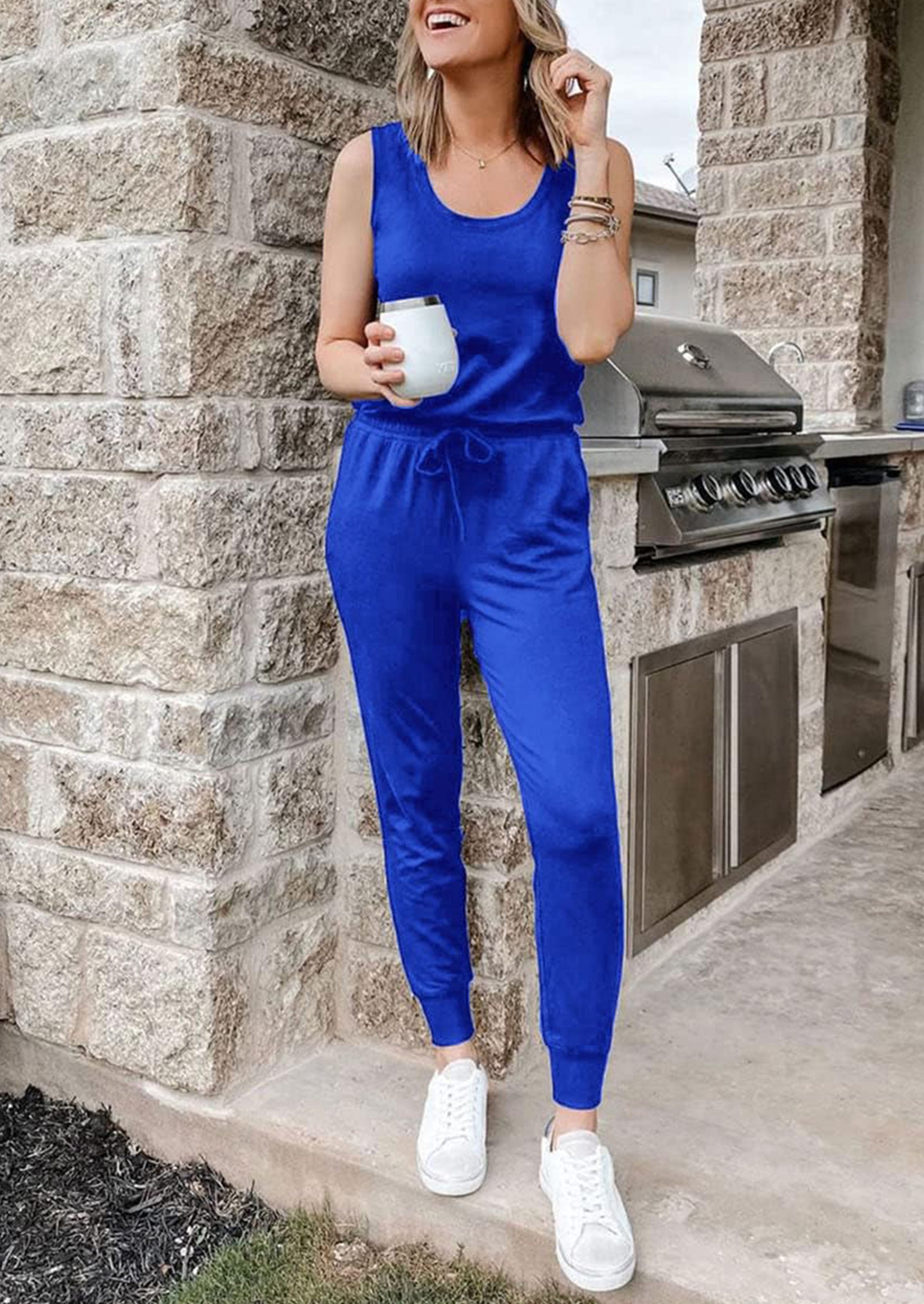Chichi Two Piece Outfit Sets Casual Sleeveless Crewneck Tops and Sweatpants Blue