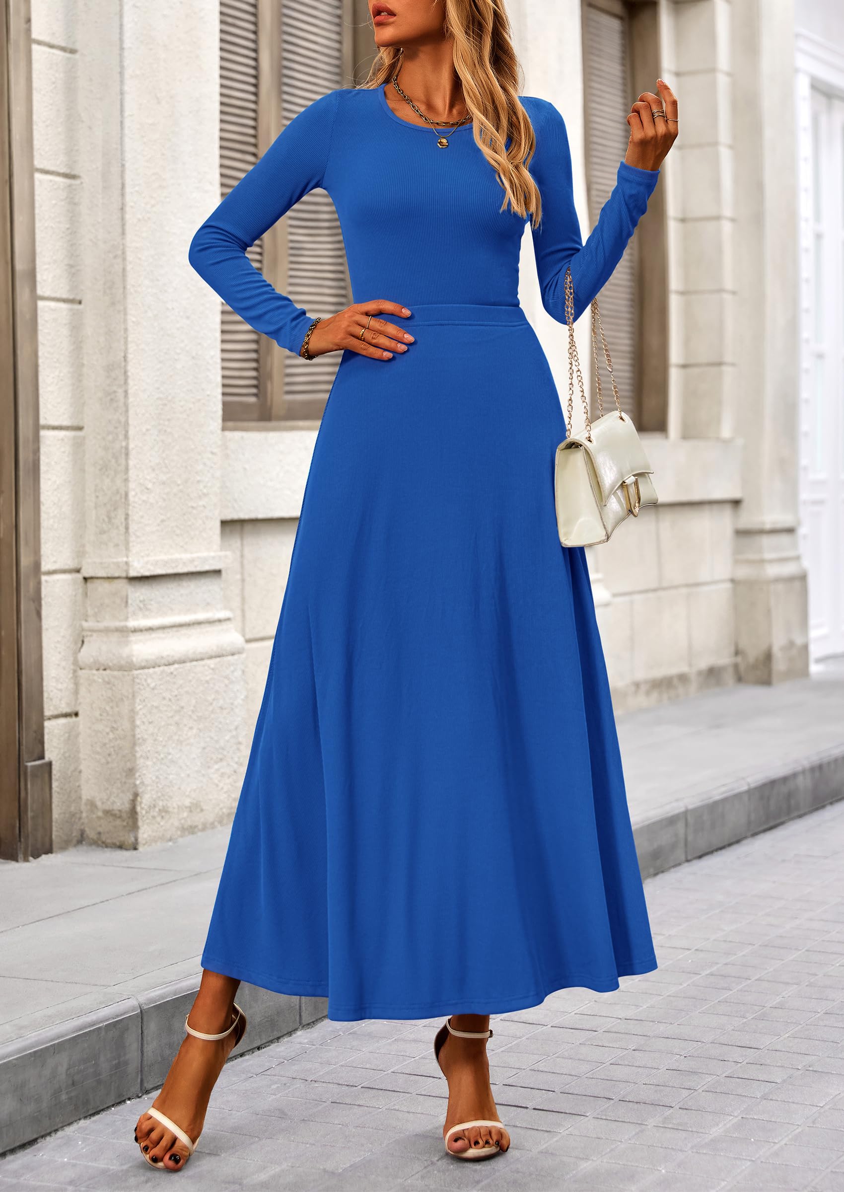 Chichi 2 Piece Casual Ribbed Knit Long Sleeve Crop Tops Maxi Flowy Skirts Matching Sets Blue