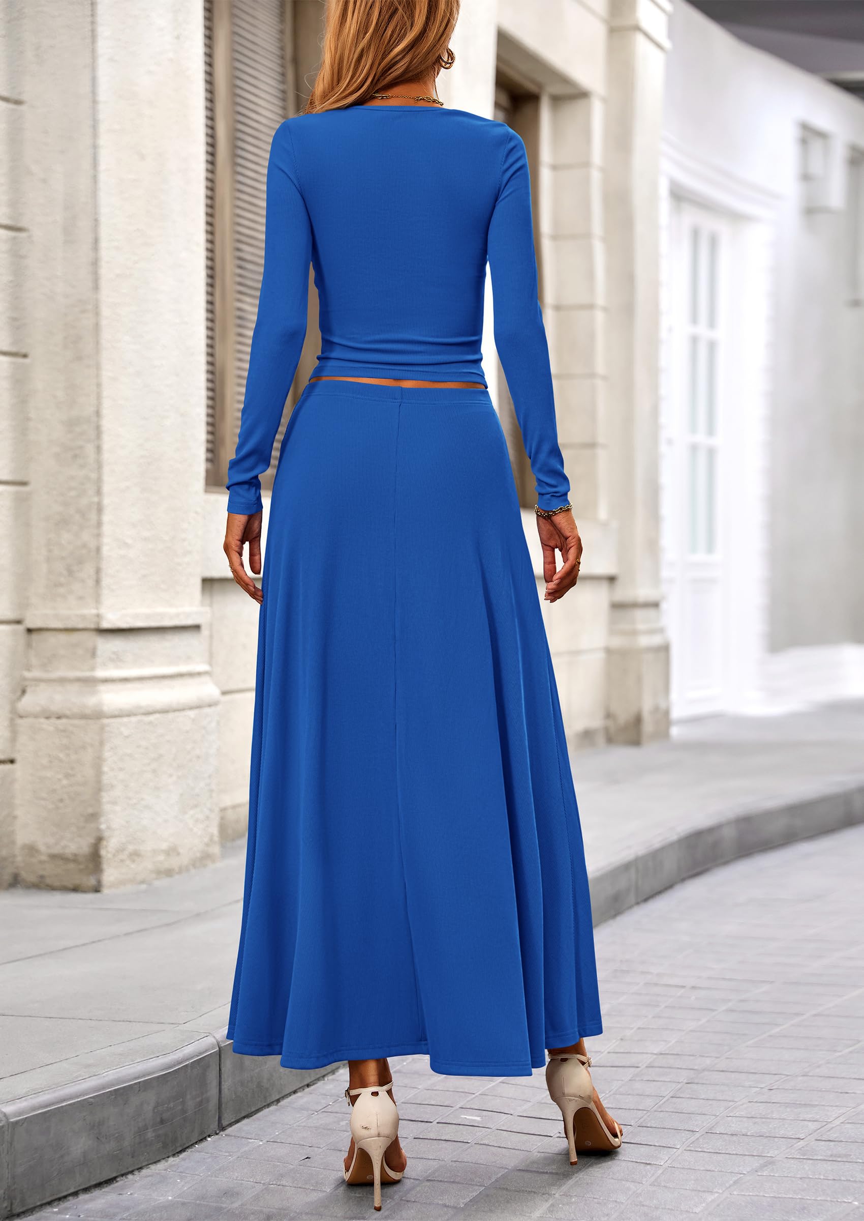 Chichi 2 Piece Casual Ribbed Knit Long Sleeve Crop Tops Maxi Flowy Skirts Matching Sets Blue