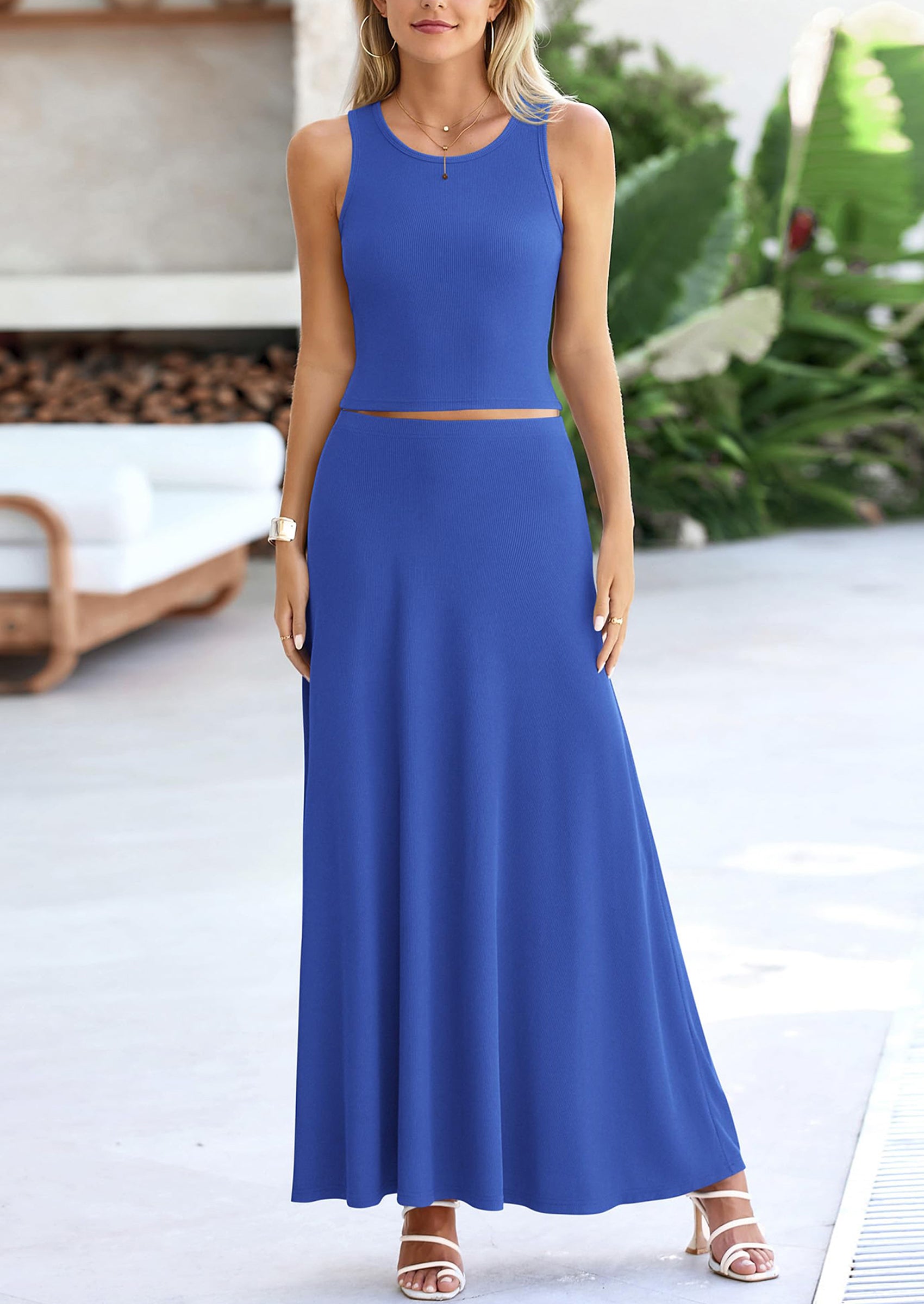Chichi 2 Piece Maxi Skirt Sets Casual Knit Cropped Tank Top High Waisted Long Skirts Outfit Blue