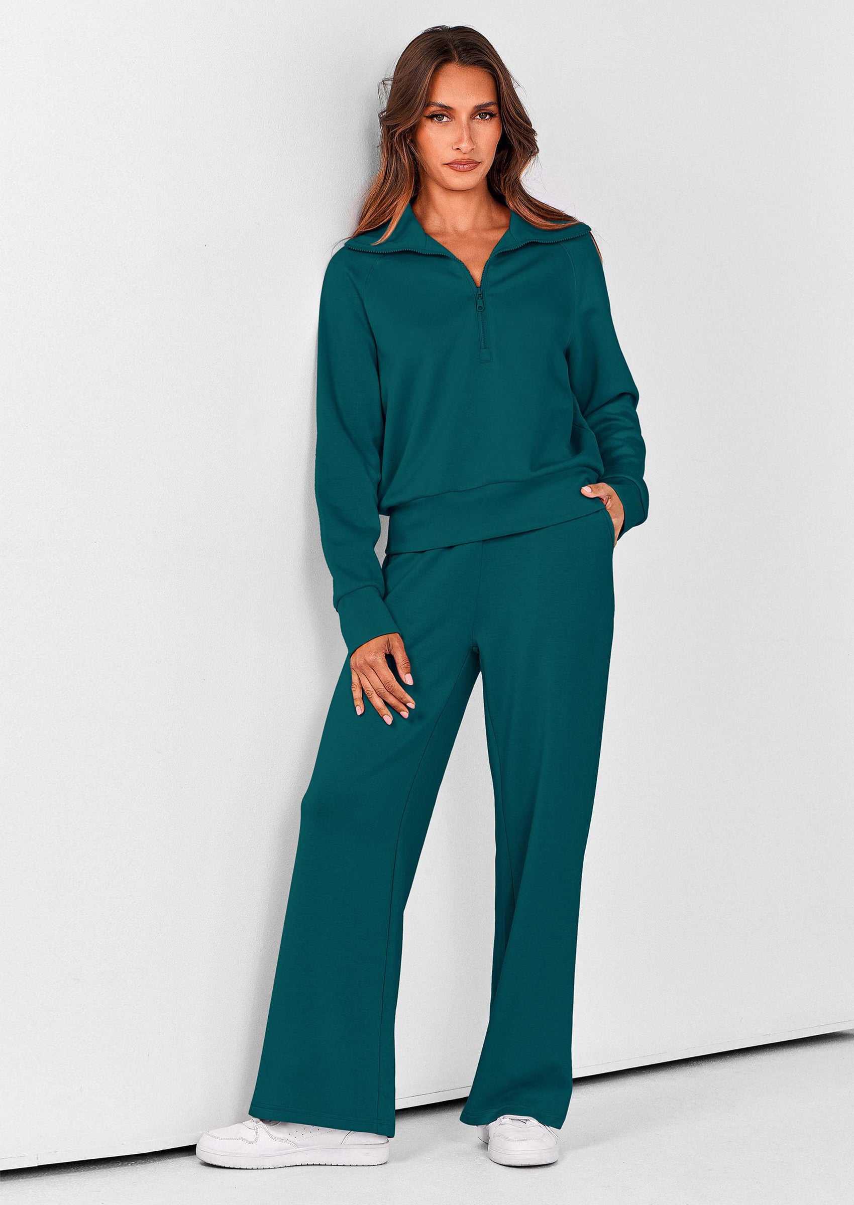 Chichi Women's 2 Piece Outfits Casual Lapel Half Zip Sweatshirts And Wide Leg Pants Tracksuit Sets Grey Blue