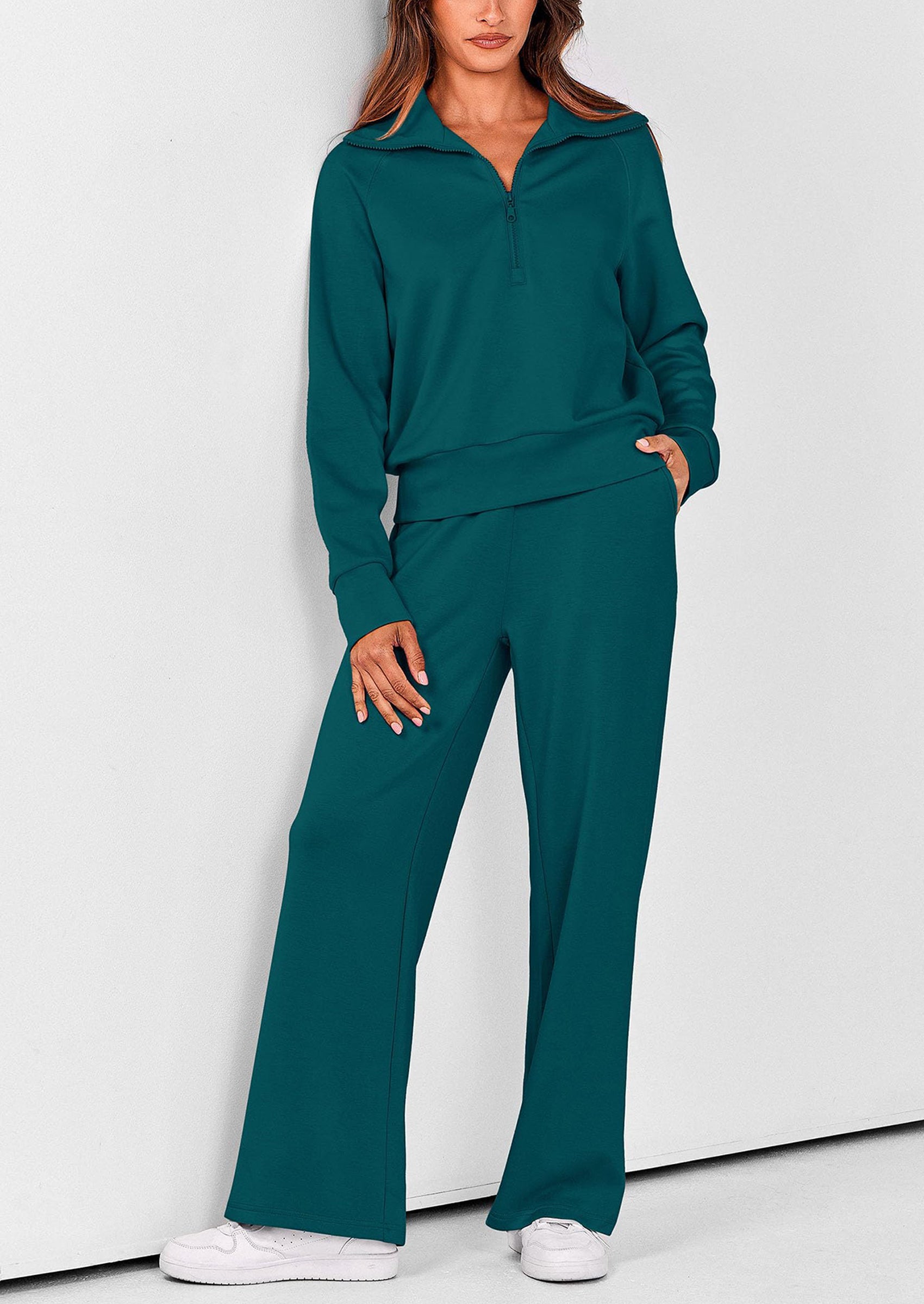 Chichi Women's 2 Piece Outfits Casual Lapel Half Zip Sweatshirts And Wide Leg Pants Tracksuit Sets Grey Blue