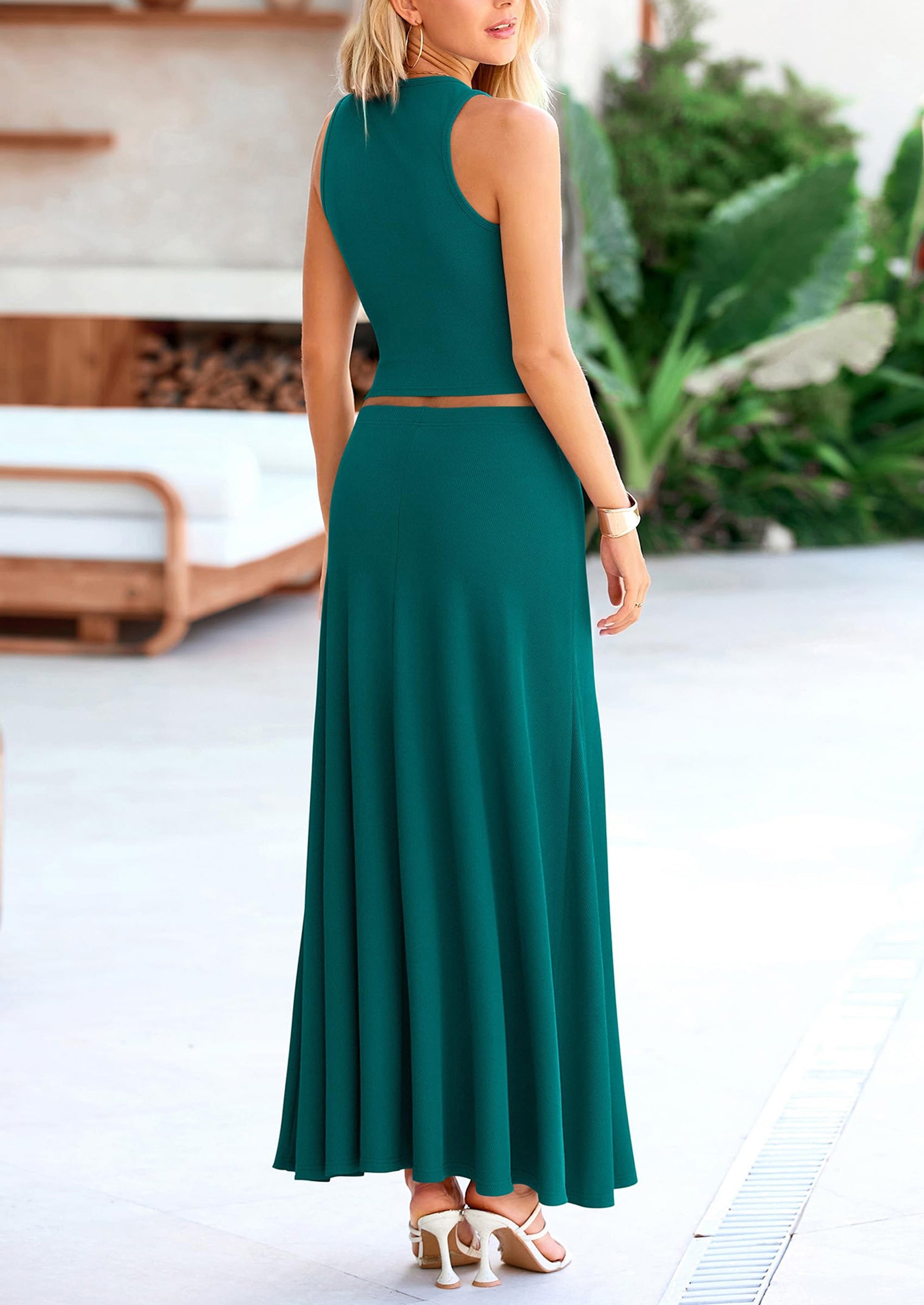 Chichi 2 Piece Maxi Skirt Sets Casual Knit Cropped Tank Top High Waisted Long Skirts Outfit