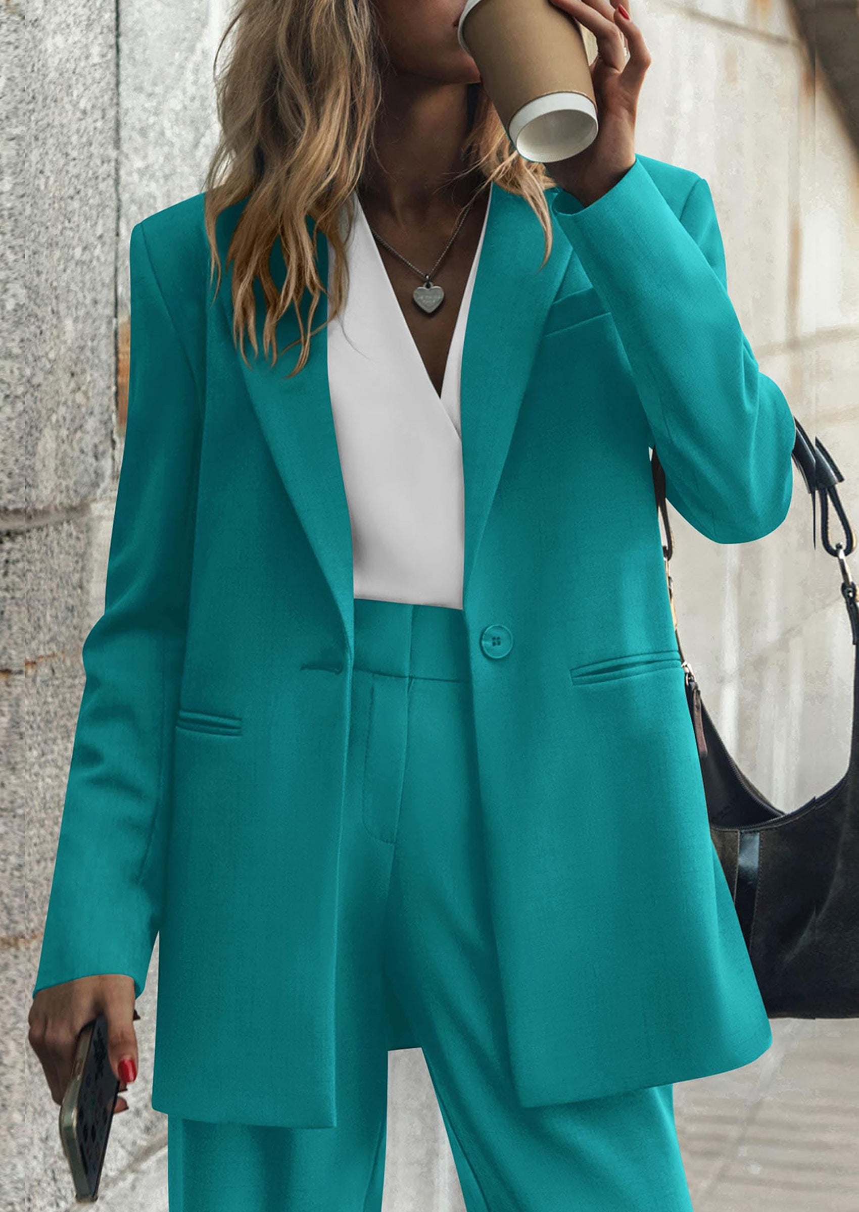 Chichi Women's Fall Two Piece Outfits Dressy Blazer Jacket and Wide Leg Pants Pockets Business Casual Office Suit Sets Dark Blue
