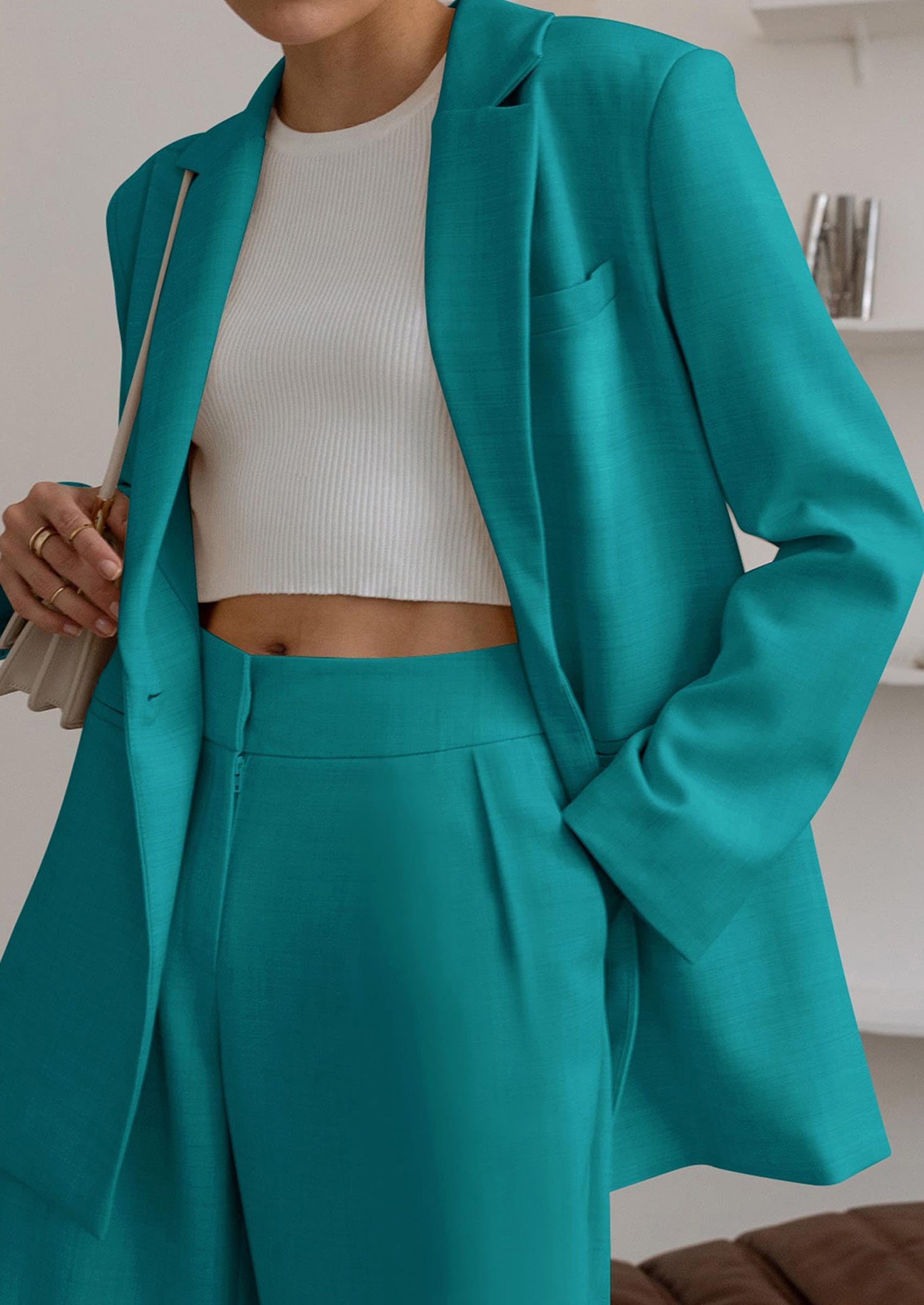 Chichi Women's Fall Two Piece Outfits Dressy Blazer Jacket and Wide Leg Pants Pockets Business Casual Office Suit Sets Dark Blue