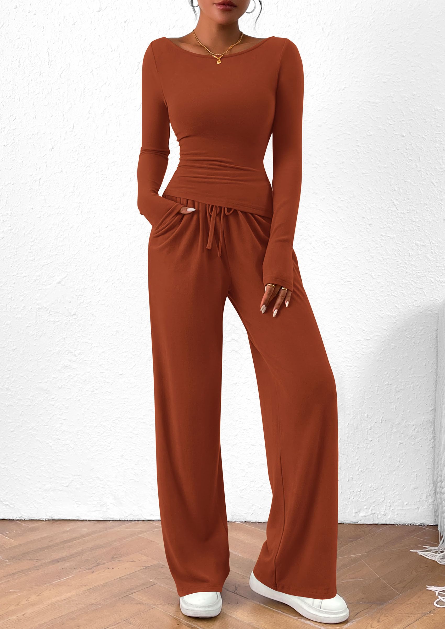 Chichi Women's 2 Piece Lounge Sets Asymmetrical Long Sleeve T Shirt Wide Leg Pants Casual Outfits Tracksuit
