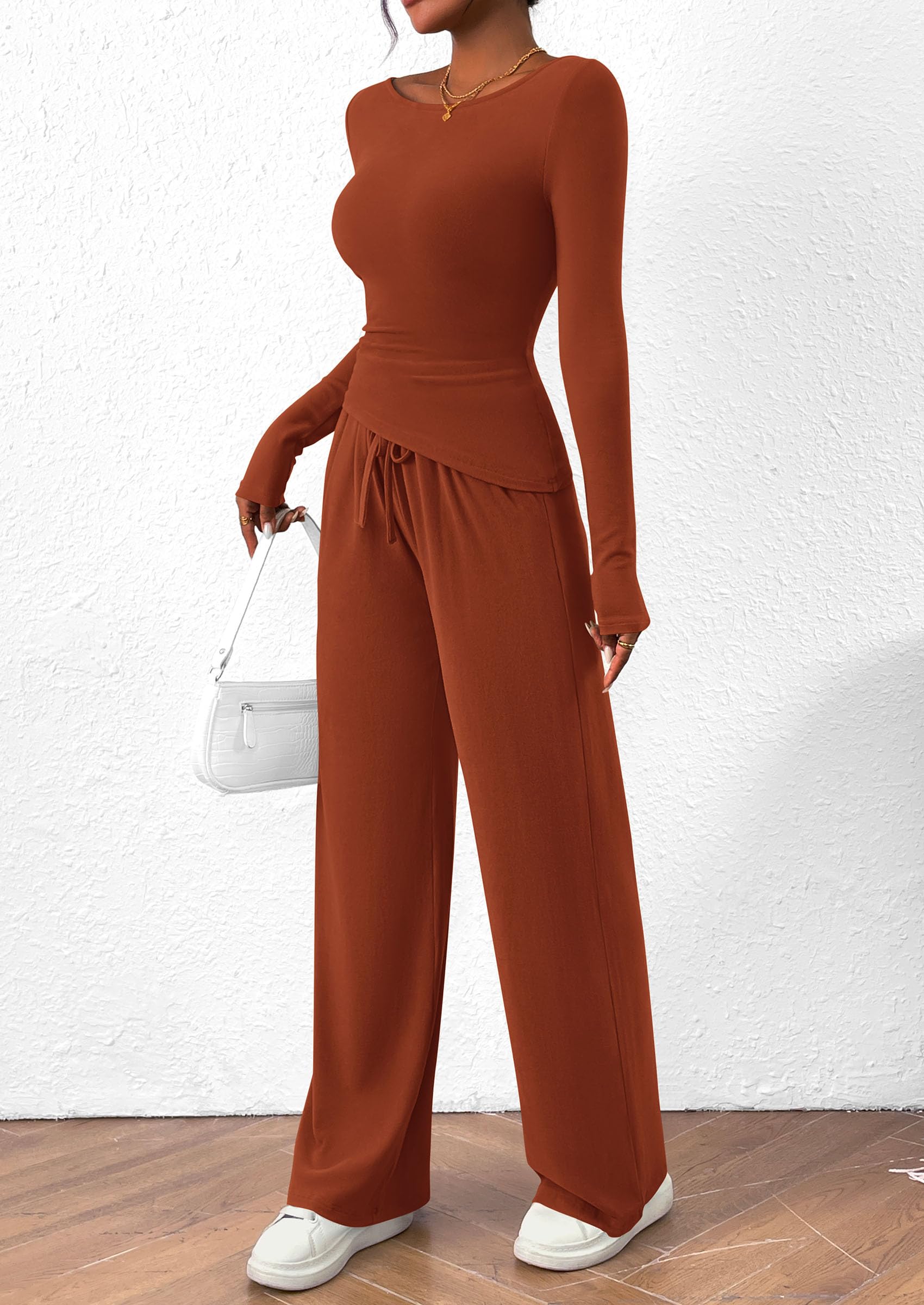 Chichi Women's 2 Piece Lounge Sets Asymmetrical Long Sleeve T Shirt Wide Leg Pants Casual Outfits Tracksuit Brick Red