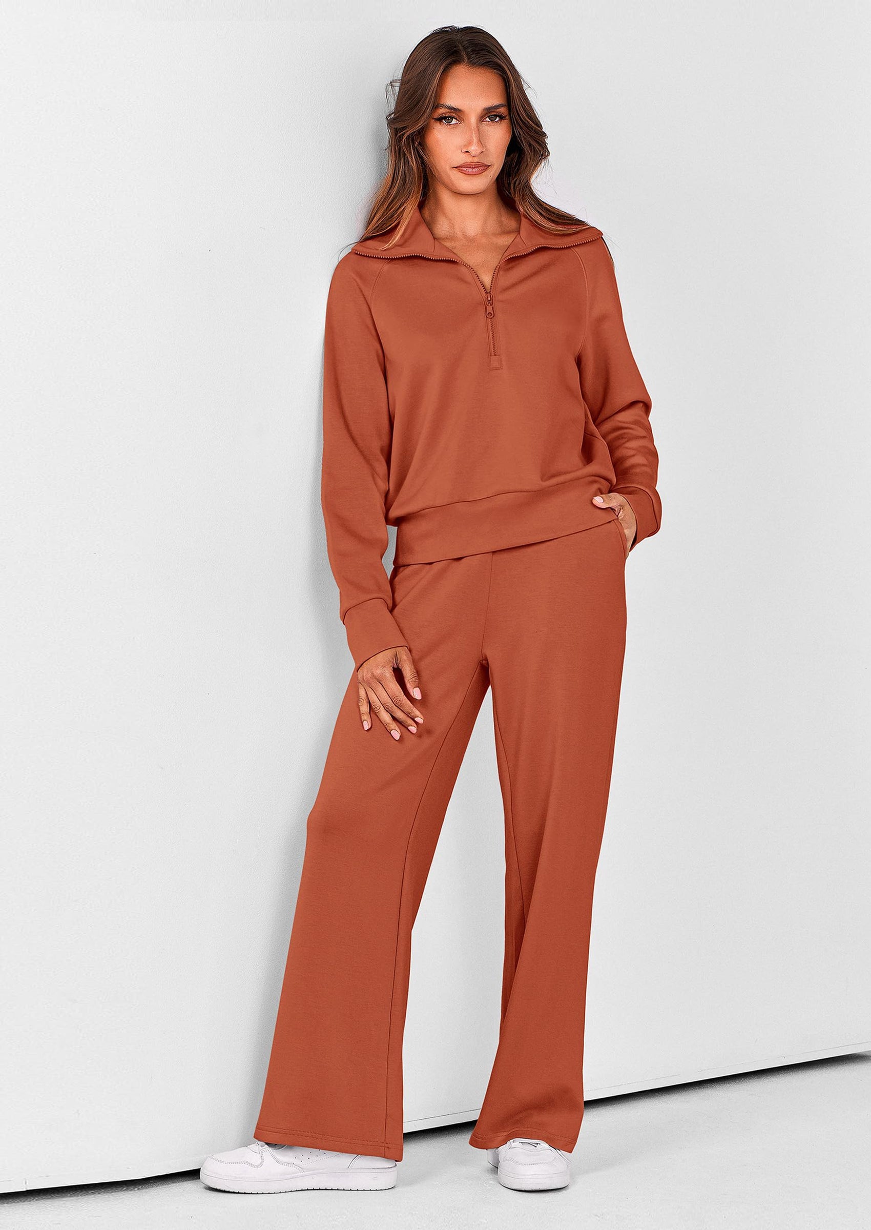 Chichi Women's 2 Piece Outfits Casual Lapel Half Zip Sweatshirts And Wide Leg Pants Tracksuit Sets Brick Red