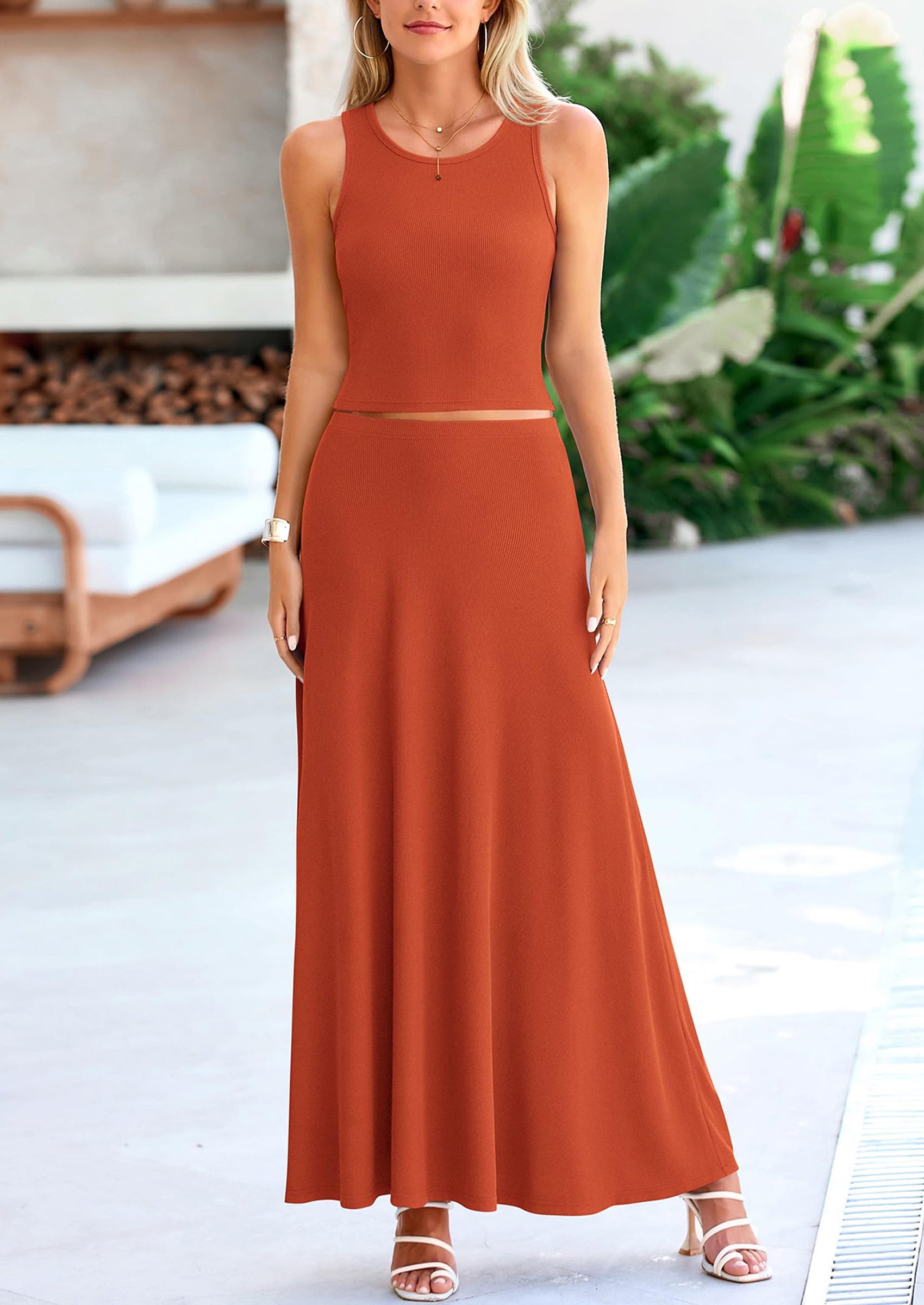 Chichi 2 Piece Maxi Skirt Sets Casual Knit Cropped Tank Top High Waisted Long Skirts Outfit