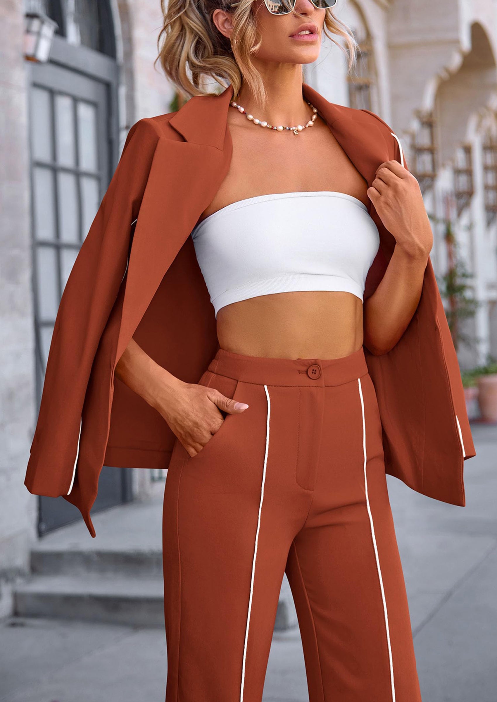Chichi 2 Piece Blazer Outfits Business Casual Oversized Jacket Wide Leg Work Pants Dressy Suit Set Coffee