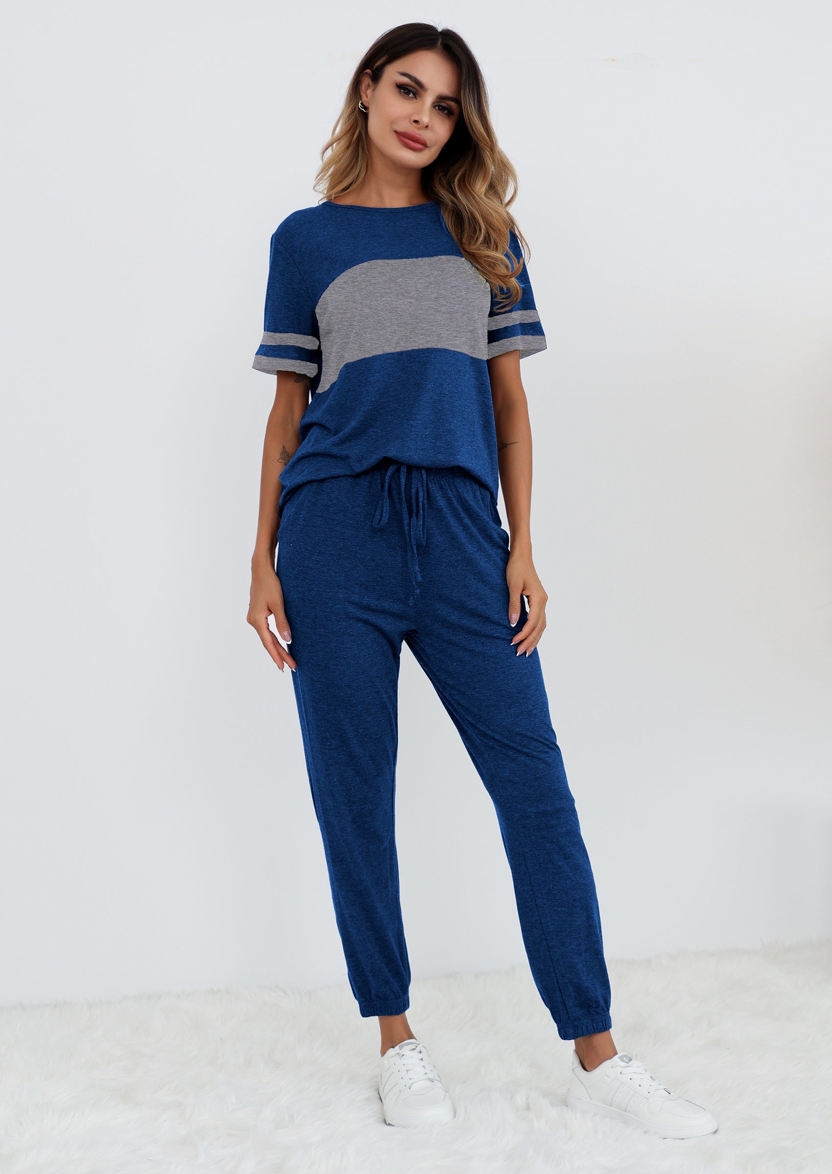 Chichi Women's Two Piece Lounge Sets Spring Summer Jogger Pants Vacation Outfits Travel Airplane Matching Clothes Navy