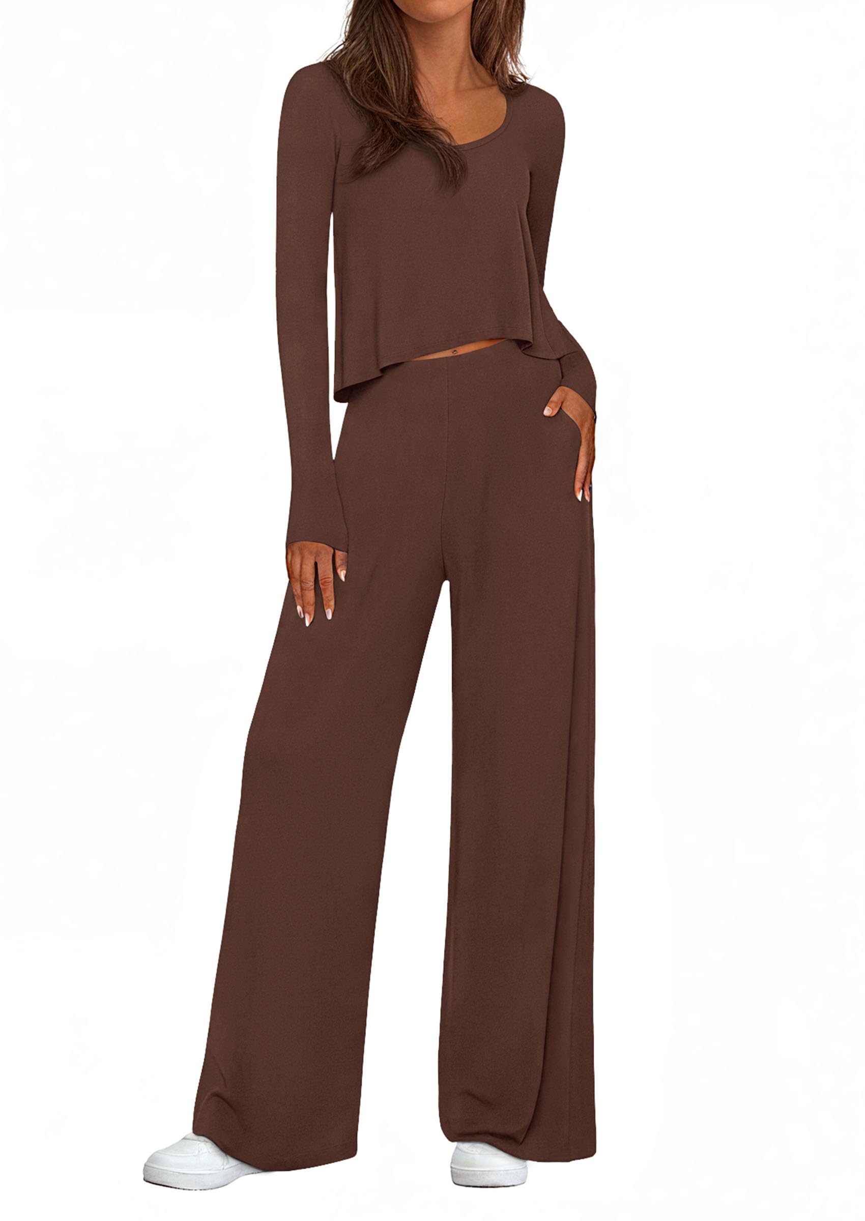 Chichi Women's 2 Piece Fall Sets Casual Long Sleeve Shirts Wide Leg Pants Lounge Travel Outfits Fashion Clothing Brown