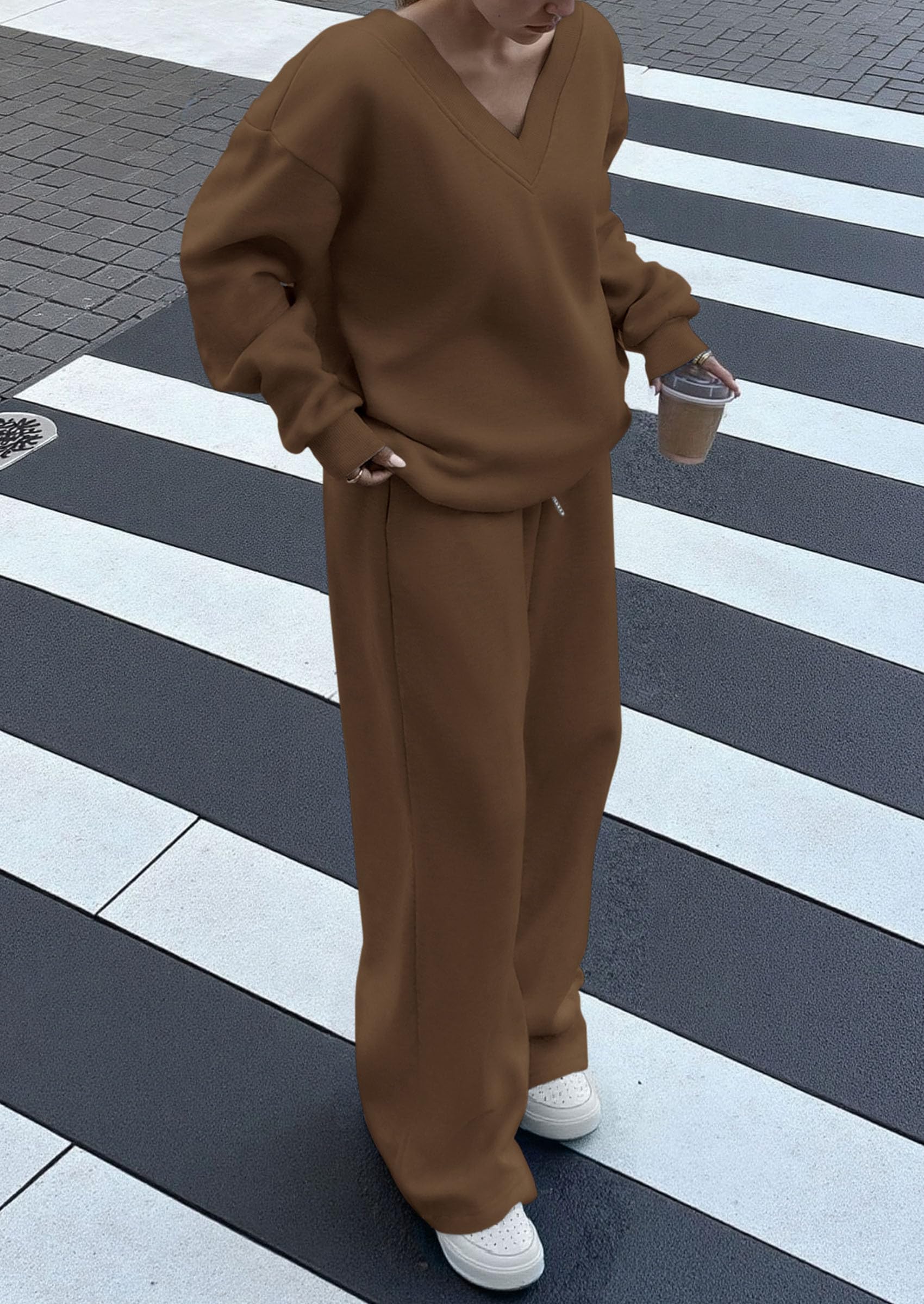 Chichi Casual Winter Two Piece Sets for Women V Neck Sweatshirt Loose Wide Leg Pants Tracksuit Knit Fall Outfits Brown