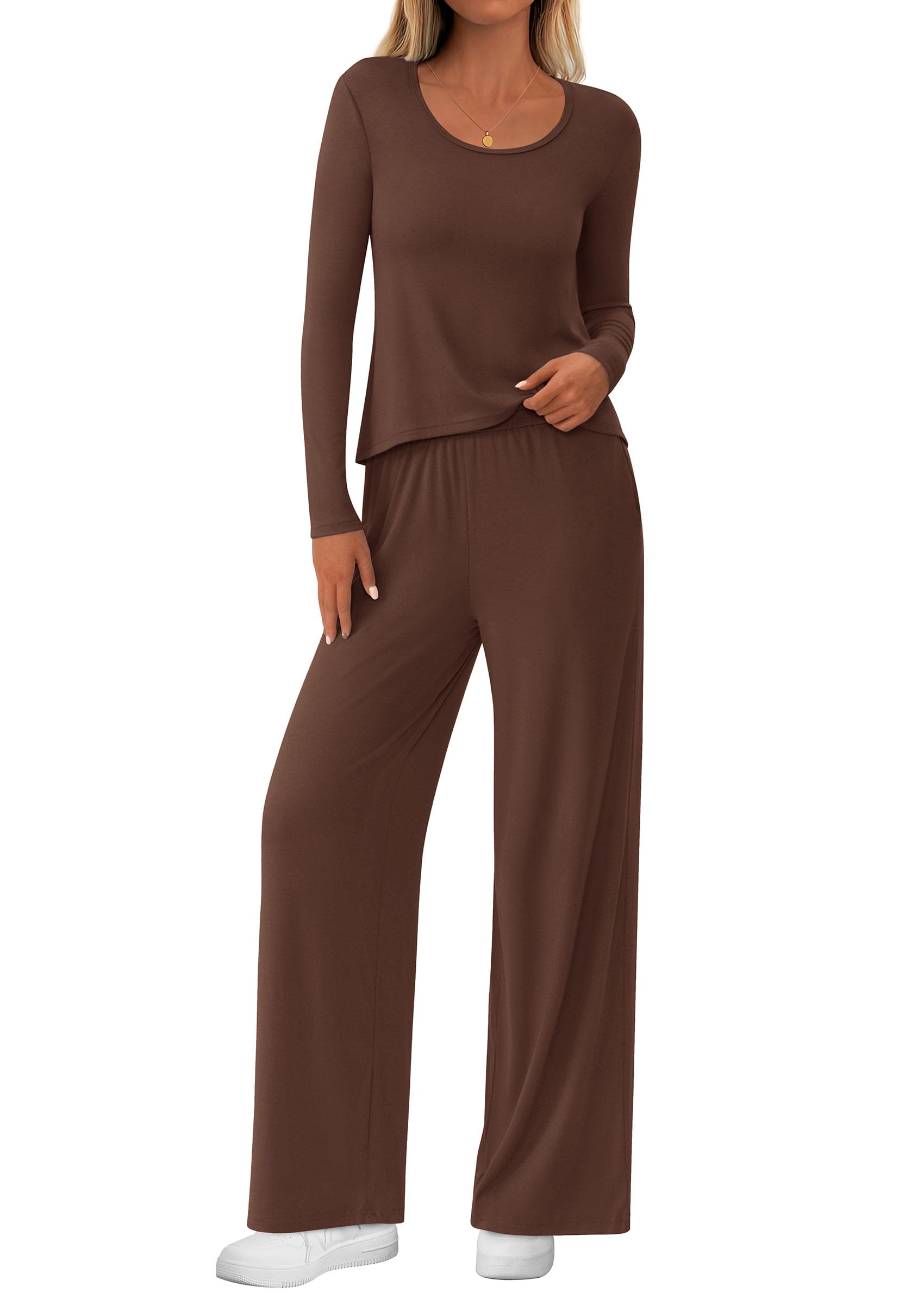 Chichi Women's 2 Piece Fall Sets Casual Long Sleeve Shirts Wide Leg Pants Lounge Travel Outfits Fashion Clothing Brown