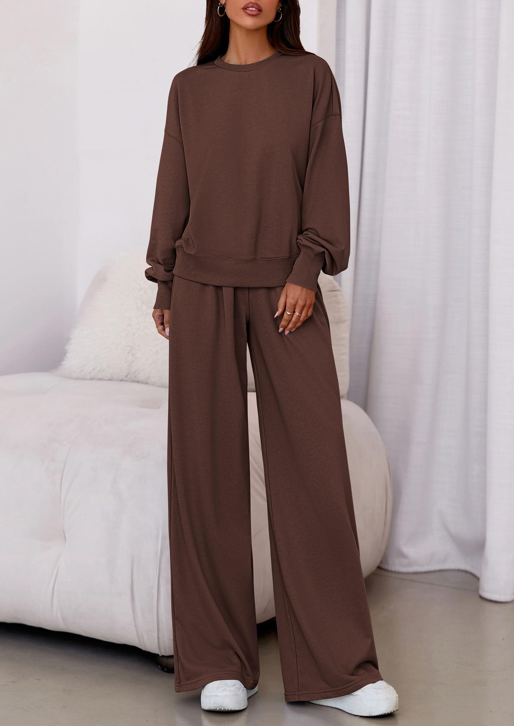 Chichi Womens 2 Piece Sets Long Sleeve Sweatshirt Wide Leg Pants Loose Matching Lounge Set Trendy Fall Outfits Brown