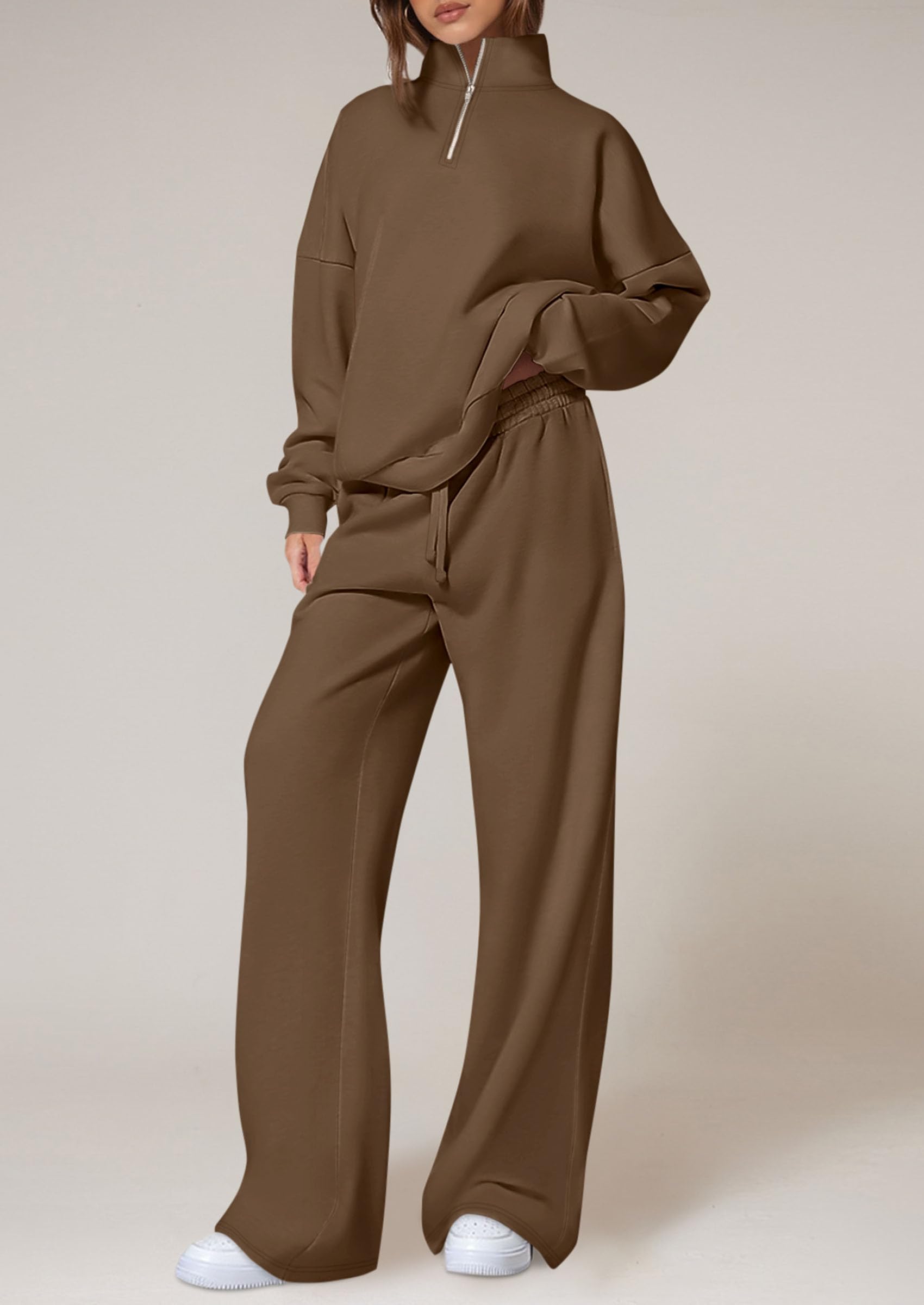 Chichi Womens Casual Two Piece Sets Fall Outfits Quarter Zip Sweatshirts Straight Leg Pants Sweatsuits Tracksuit Brown