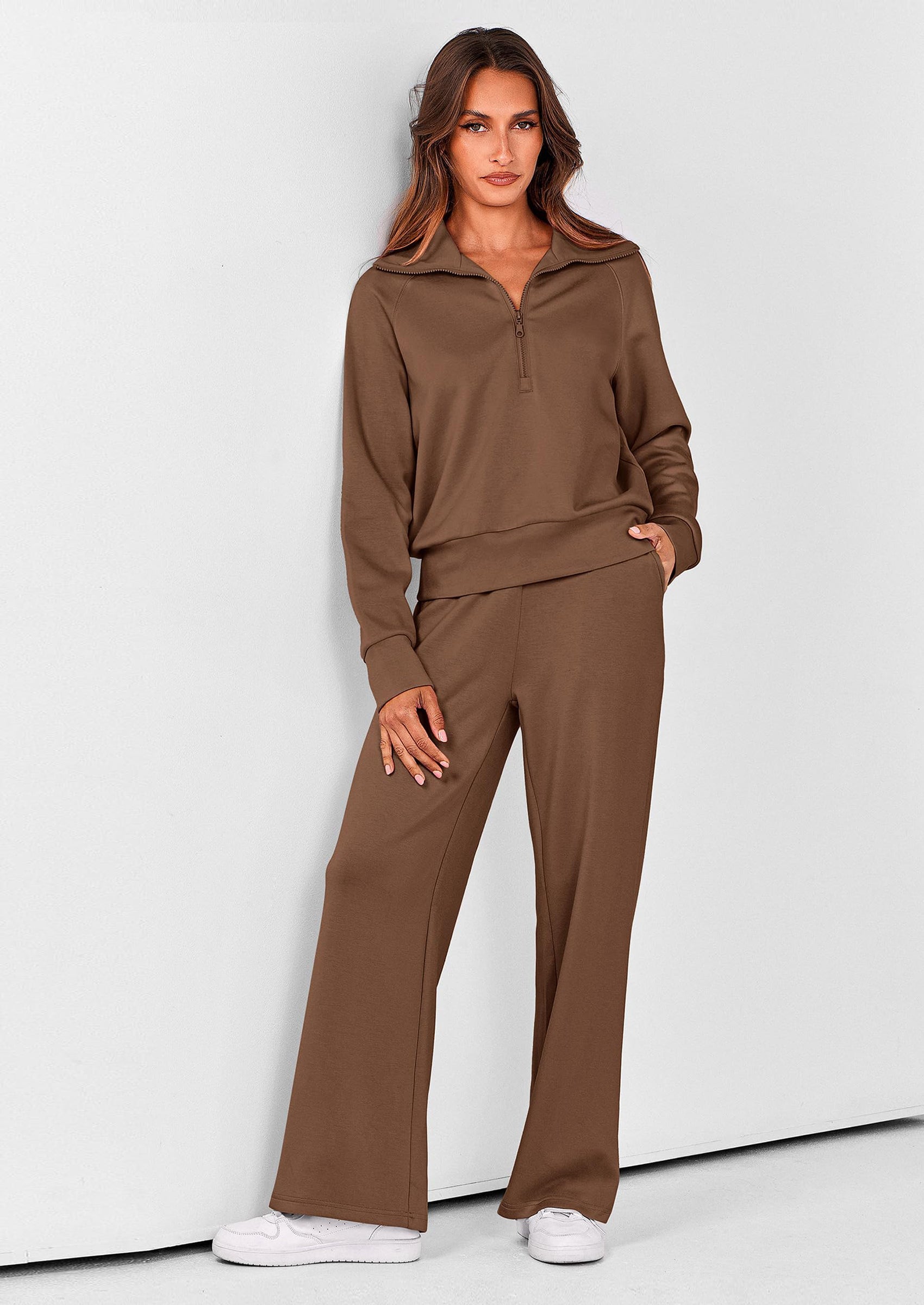 Chichi Women's 2 Piece Outfits Casual Lapel Half Zip Sweatshirts And Wide Leg Pants Tracksuit Sets