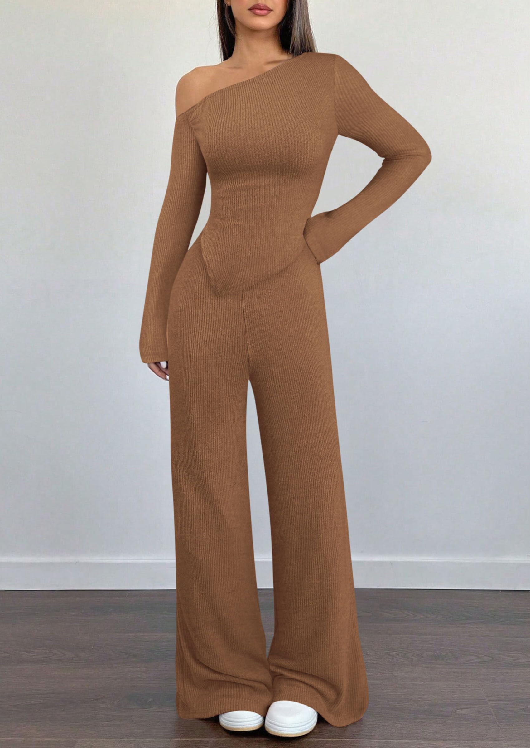 Chichi Casual Two Piece Sets for Women Fall Outfits Asymmetrical Off Shoulder Tops Wide Leg Pants Knit Lounge Set