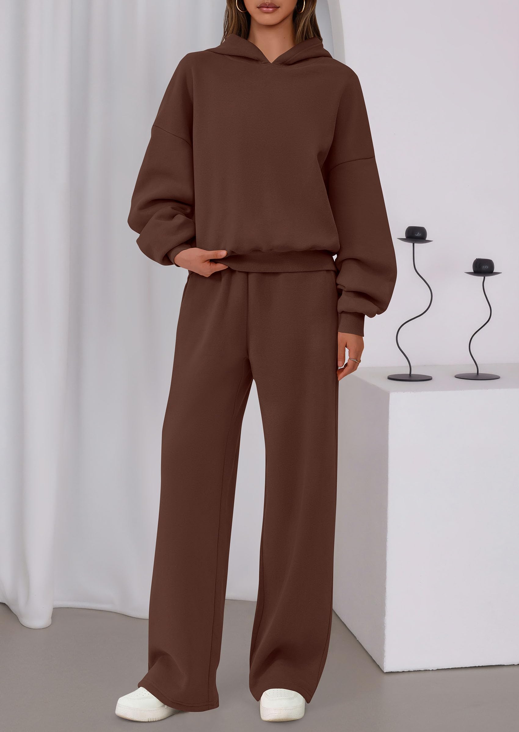 Chichi Womens Sweatsuits 2 Piece Set Casual Winter Long Sleeve Hoodie Loose Wide Leg Sweatpants Fall Tracksuit Brown