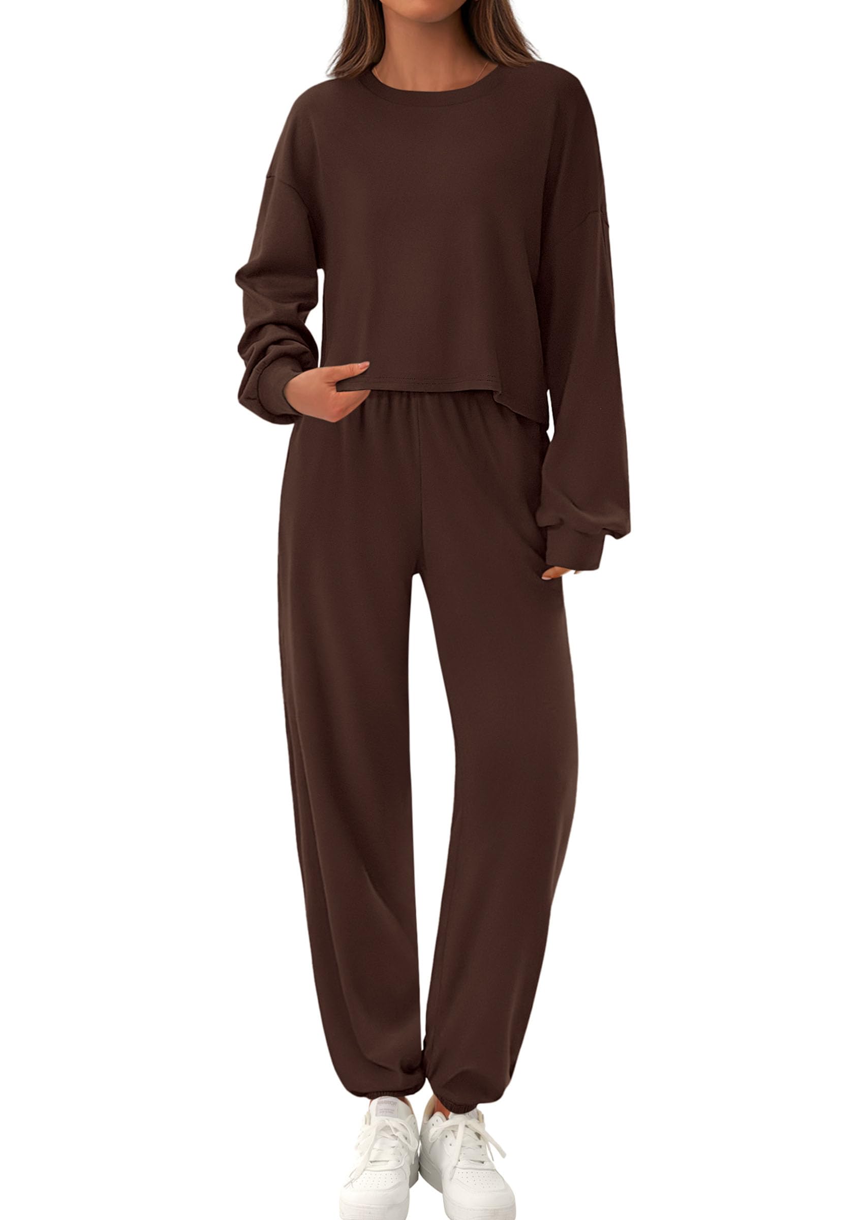 Chichi Women's Two Piece Outfits Lounge Sets Long Sleeve Pullover Tops Sweatpants Fall Fashion Matching Clothing Brown