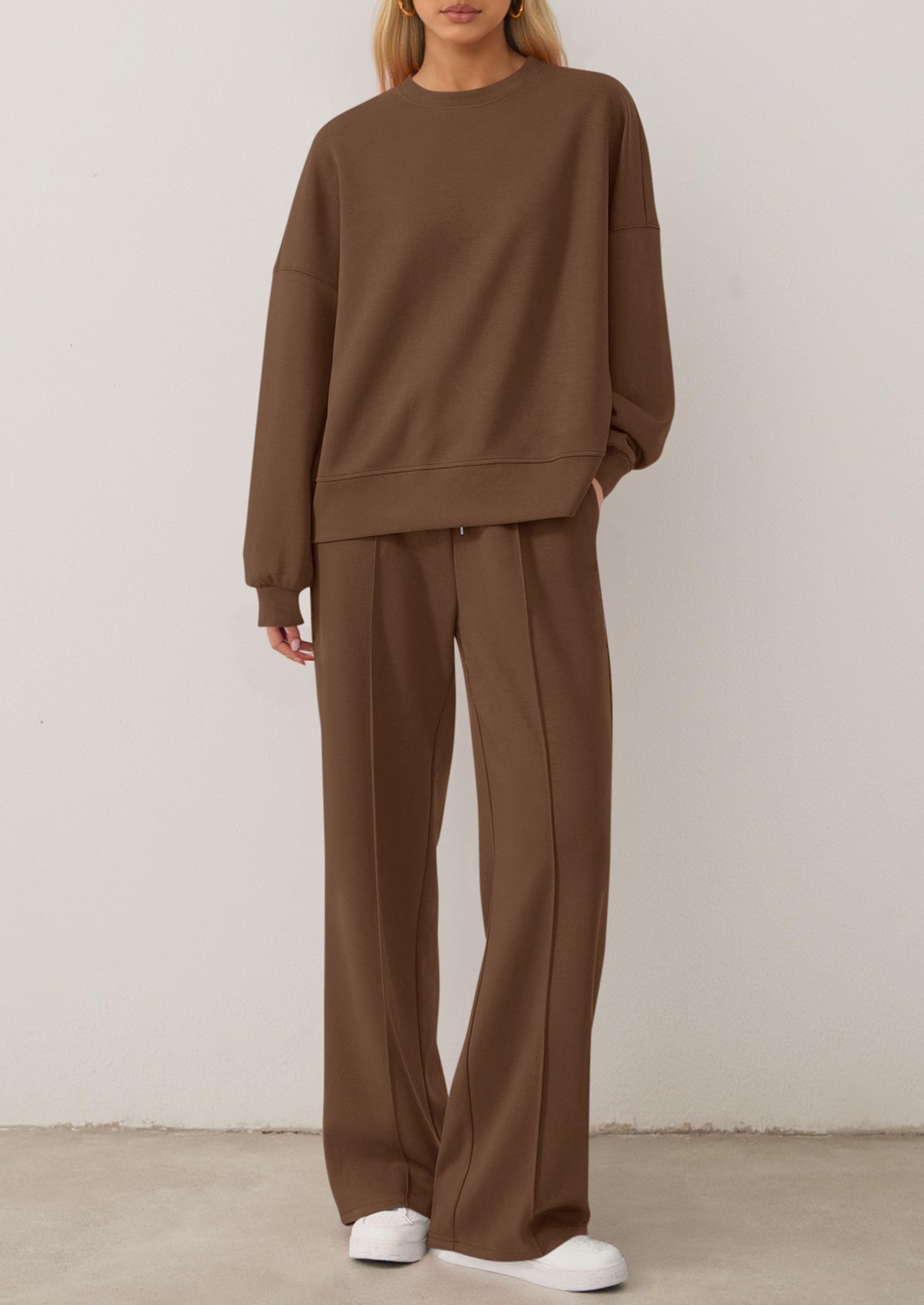 Chichi 2 Piece Sets For Women Fall Trendy Long Sleeve Sweatshirt Wide Leg Pants Loungewear Set Matching Sweatsuit Brown